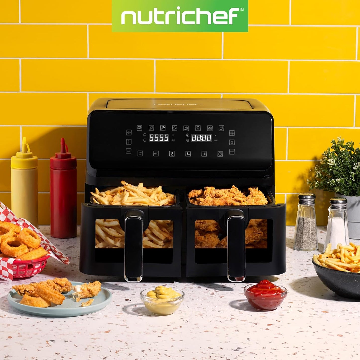 Nutrichef Family Size Double Basket Air Fryer 8.8 QT - Oil Free with Transparent Window & 9 Preset Cooking Options - 360° Hot Air Circulation - Black