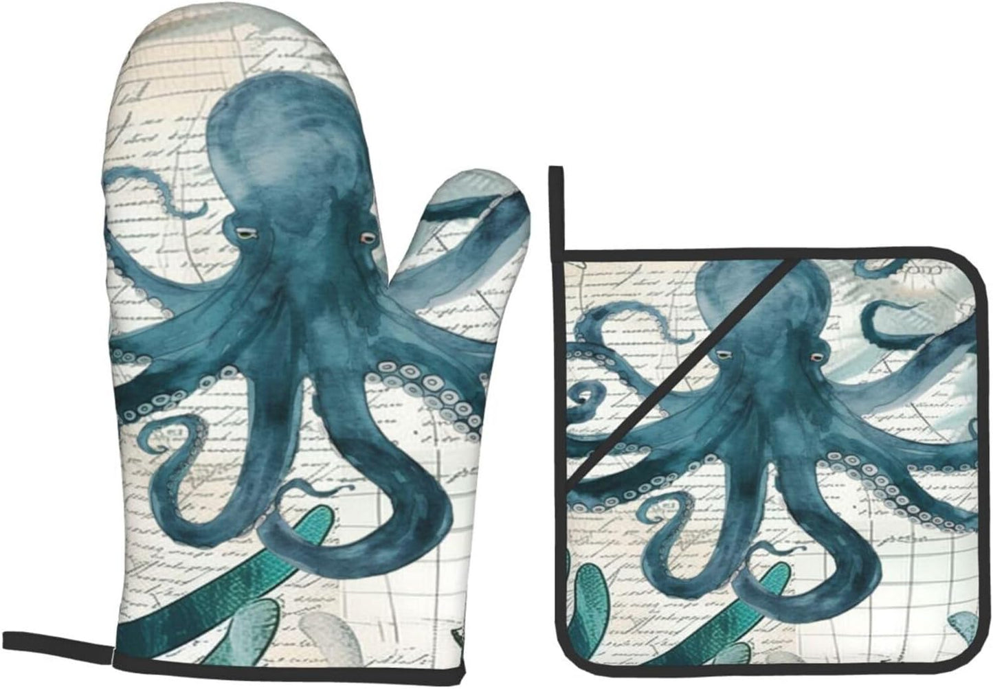 Octopus Kitchen Gloves and Pot Holders Set of 4, Heat Resistant for Baking, Cooking, Grilling, BBQ - Qdoepfl