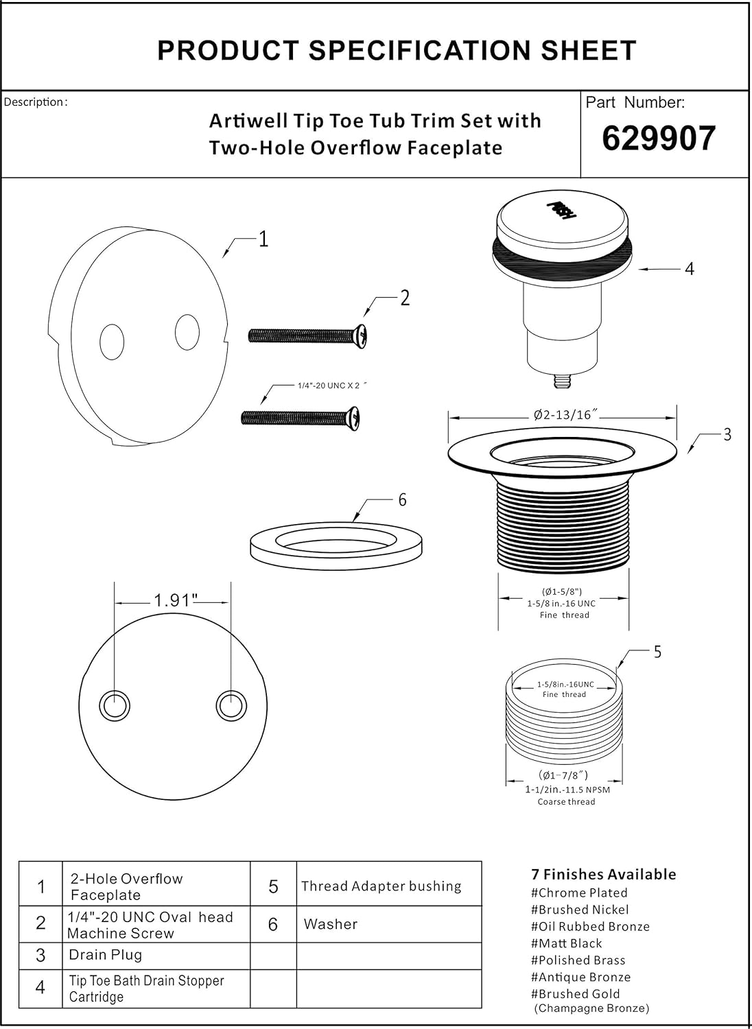 Oil Rubbed Bronze Artiwell Tip-Toe Tub Trim Set with 2-Hole Overflow Faceplate - Universal Fine/Coarse Thread Replacement Bath Drain Kit