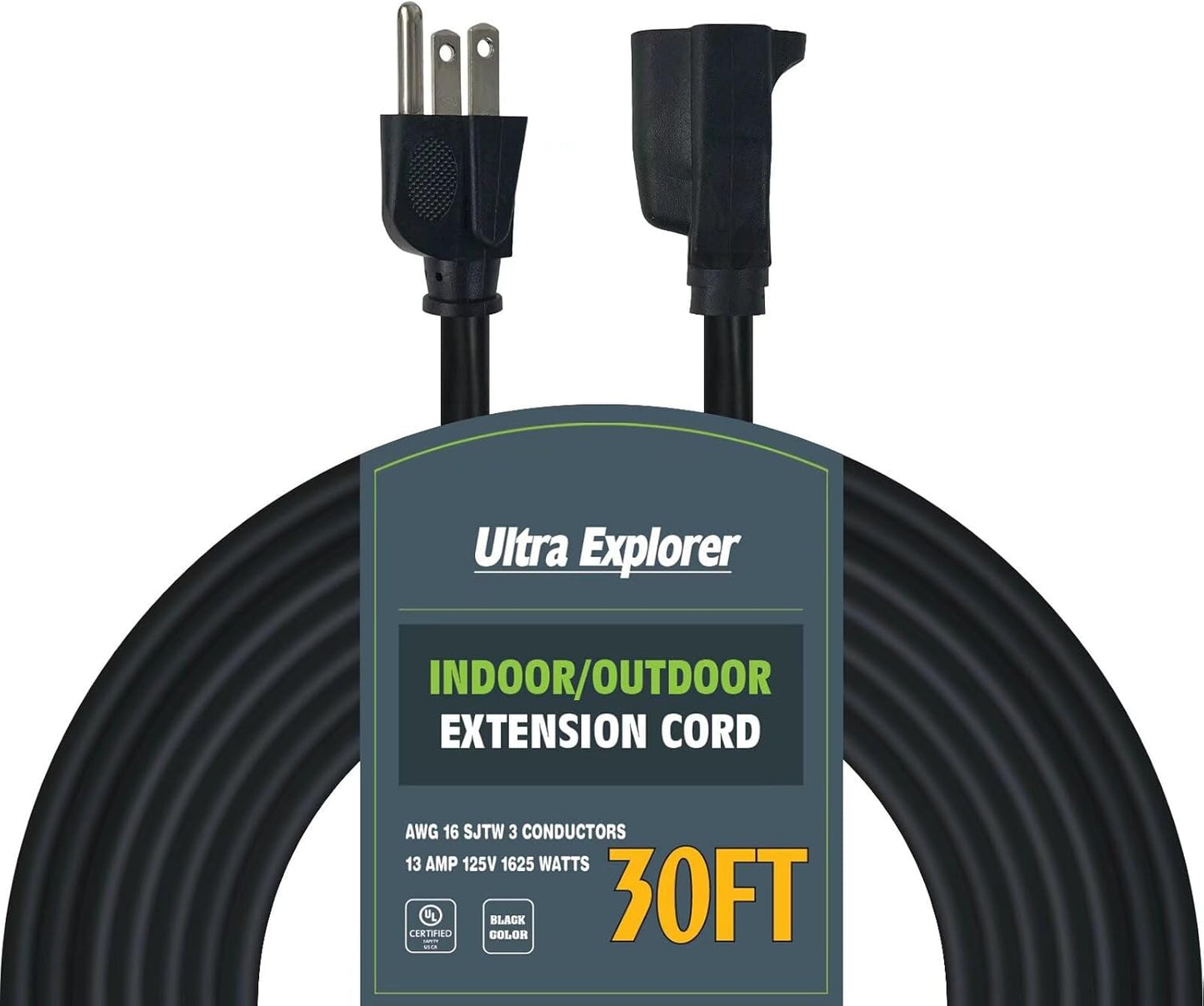Outdoor Extension Cord 30 Ft - Waterproof 16/3 Electric Cord, 16 Gauge 3 Prong, SJTW, 13A 1625W 125V, Grounded Plug, Black