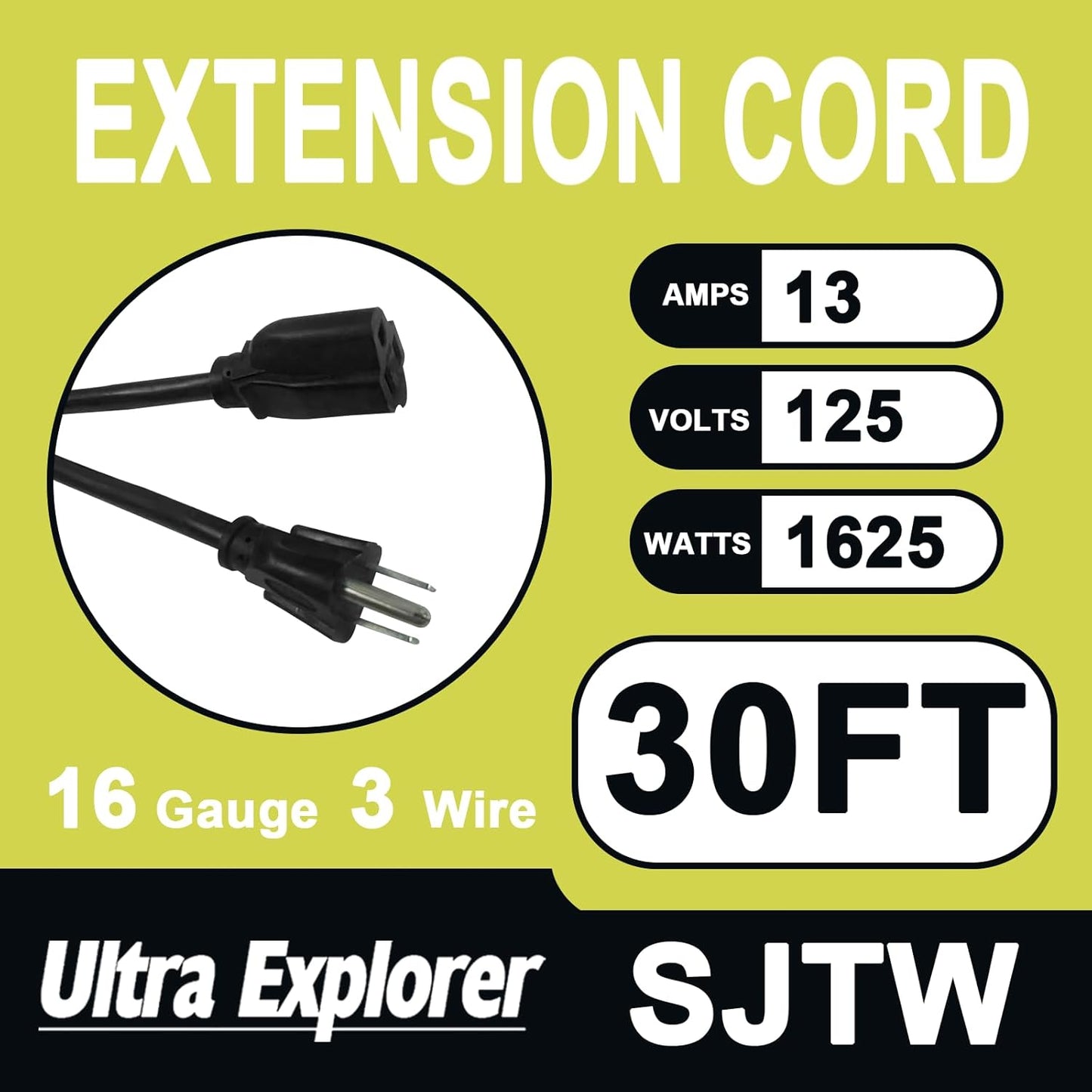 Outdoor Extension Cord 30 Ft - Waterproof 16/3 Electric Cord, 16 Gauge 3 Prong, SJTW, 13A 1625W 125V, Grounded Plug, Black