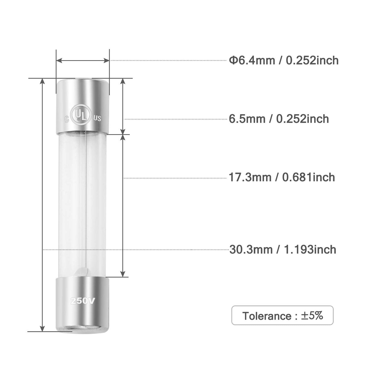Pack of 20 Chanzon UL Listed 6x30mm 0.5A Glass Fuses - Fast Blow Cartridge Tube Fuse - 125V/250V - f500mal - 6.4mmx30.3mm