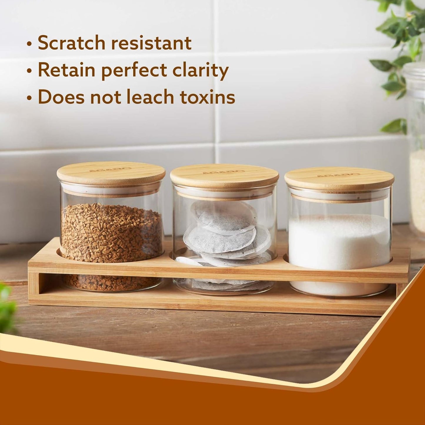 Pack of 3 AGARO Elite Borosilicate Glass Jars with Rack - 210 ml, Transparent Storage Containers for Kitchen Organization