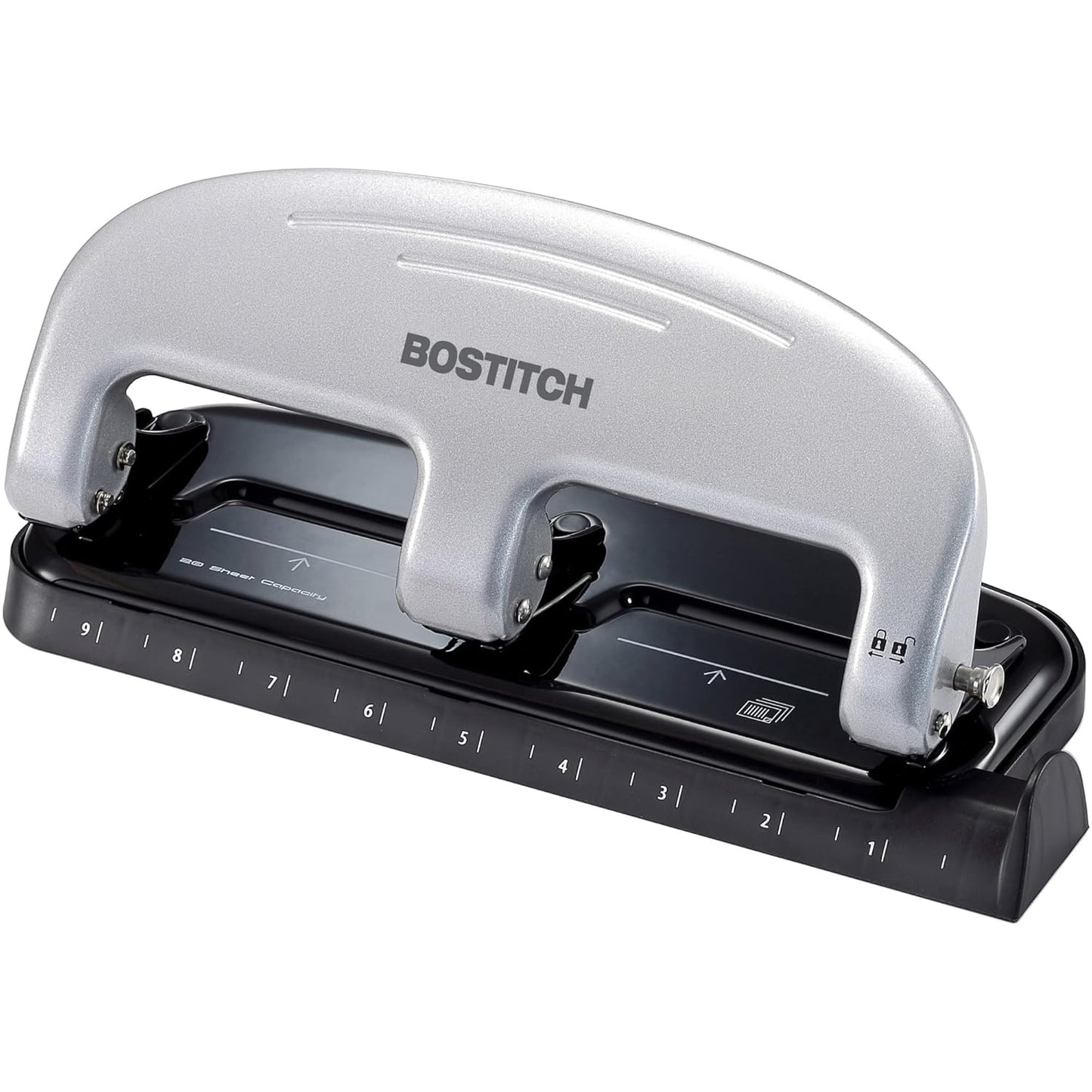 PaperPro Bostitch Office EZ Squeeze 3-Hole Punch - 20 Sheet Capacity, Easy Punching, Jam-Free Technology - Silver