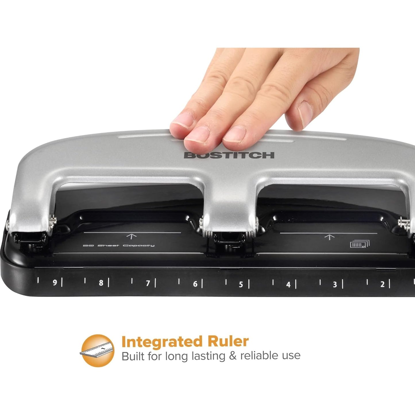 PaperPro Bostitch Office EZ Squeeze 3-Hole Punch - 20 Sheet Capacity, Easy Punching, Jam-Free Technology - Silver