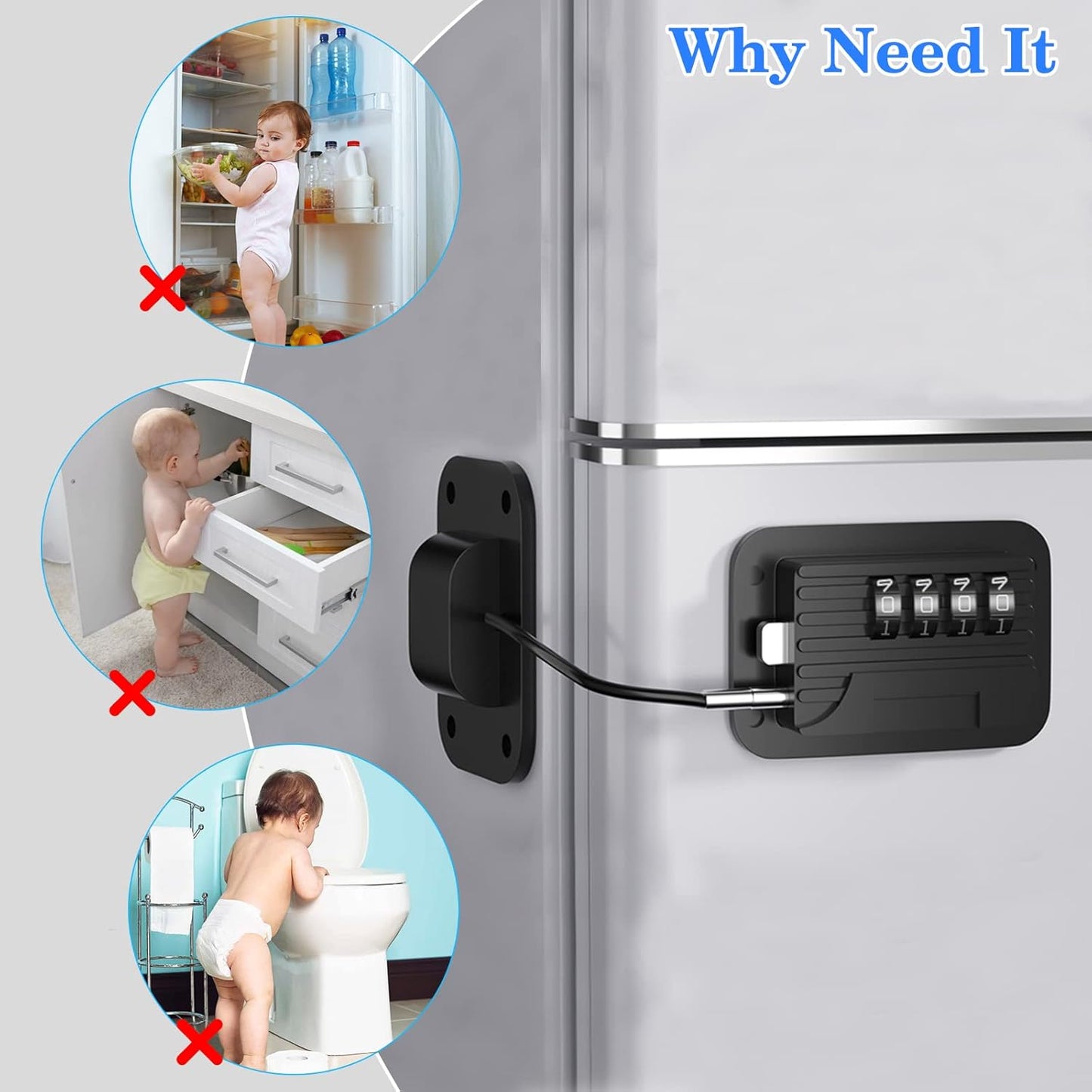 Password Protected Refrigerator Fridge Freezer Door Lock - Childproof Lock for Kitchen Appliances, Cabinets, Drawers, Closets, Windows, Doors - No Tools or Drilling Required (Patented)