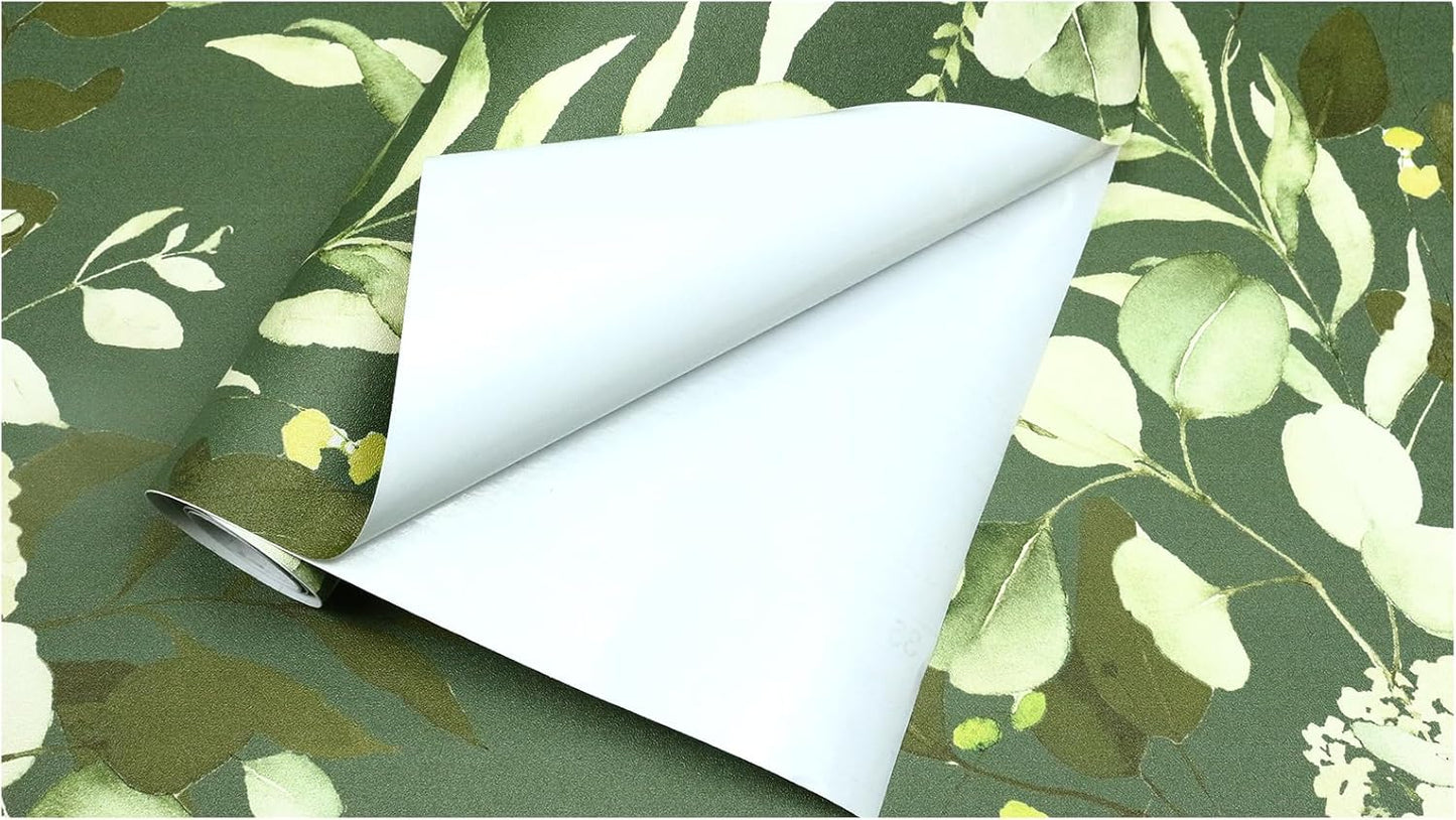 Peel and Stick Boho Sage Green Eucalyptus Leaf Floral Wallpaper Mural - Renter Friendly Home Decor