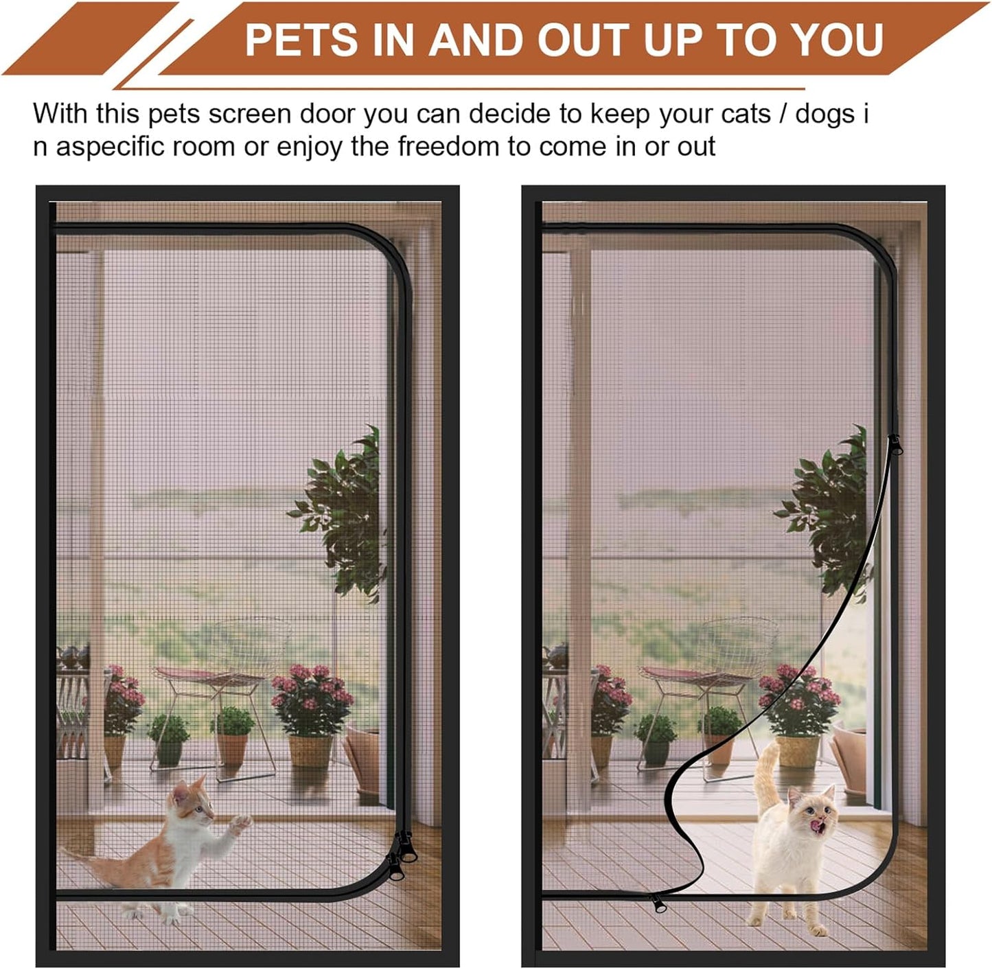 Pet Screen Door with Zipper Closure & Cat Resistant Mesh - Upgraded Design for Living Room, Bedroom, Patio - Scratch Proof - Fits Doors up to 35''x 80'' - Black