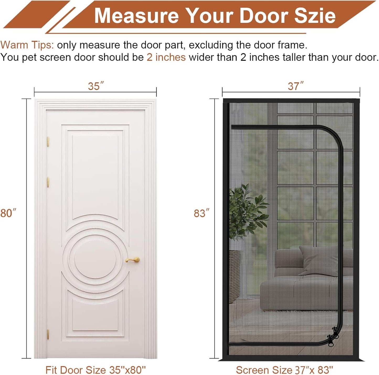 Pet Screen Door with Zipper Closure & Cat Resistant Mesh - Upgraded Design for Living Room, Bedroom, Patio - Scratch Proof - Fits Doors up to 35''x 80'' - Black