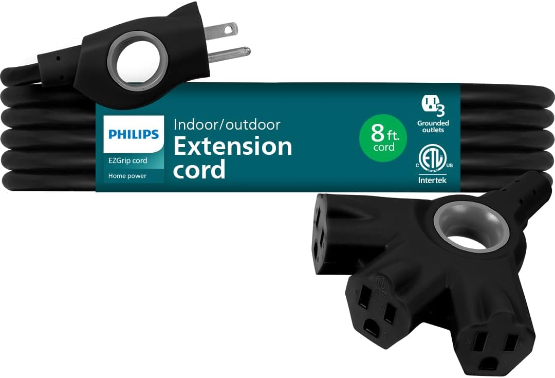 Philips 8 Ft Heavy Duty Outdoor Extension Cord with Multiple Outlets, Grounded 3 Prong, Short Indoor Extension Cord, 16 AWG - Black