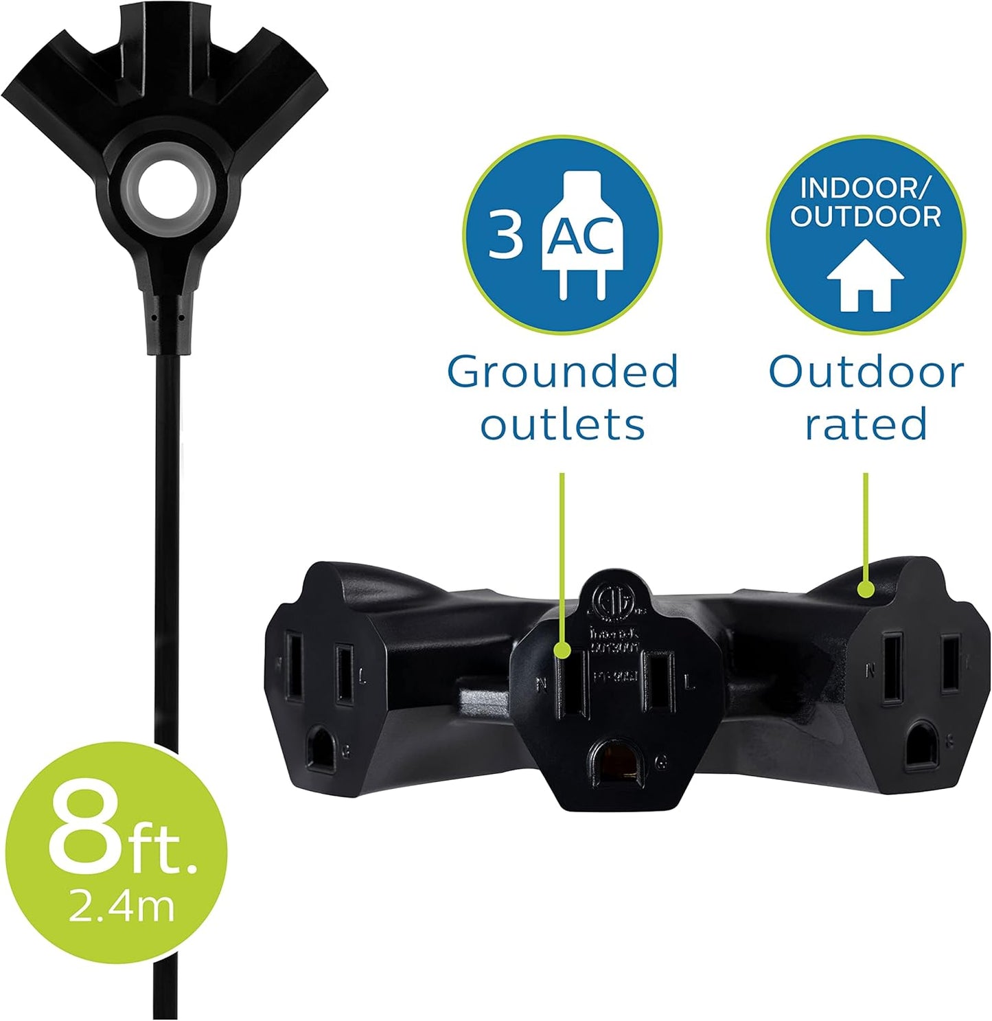 Philips 8 Ft Heavy Duty Outdoor Extension Cord with Multiple Outlets, Grounded 3 Prong, Short Indoor Extension Cord, 16 AWG - Black