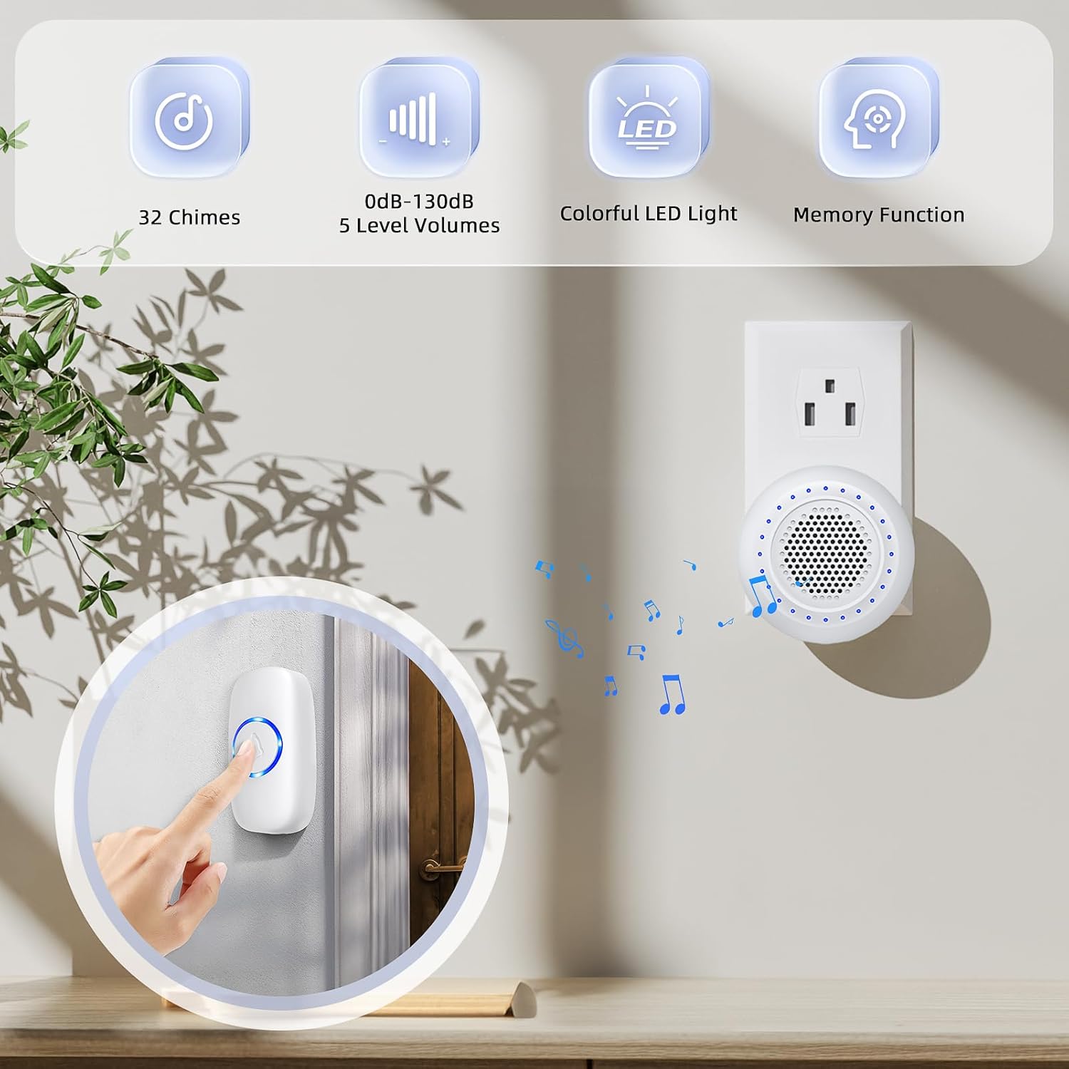 PHYSEN Wireless Doorbell Kit with 1 Transmitter 1 Receiver, 1000ft Range, 32 Ringtones, Waterproof, LED Flash, 5 Volume Levels - Door Bell for Home & Classroom