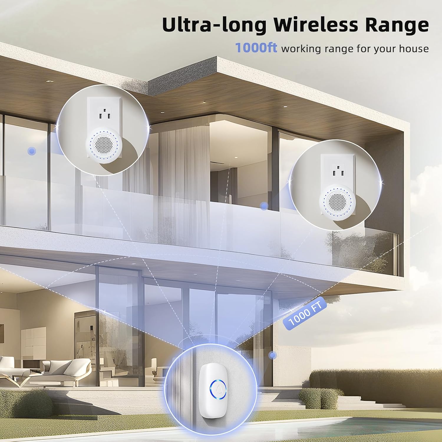 PHYSEN Wireless Doorbell Kit with 1 Transmitter 1 Receiver, 1000ft Range, 32 Ringtones, Waterproof, LED Flash, 5 Volume Levels - Door Bell for Home & Classroom