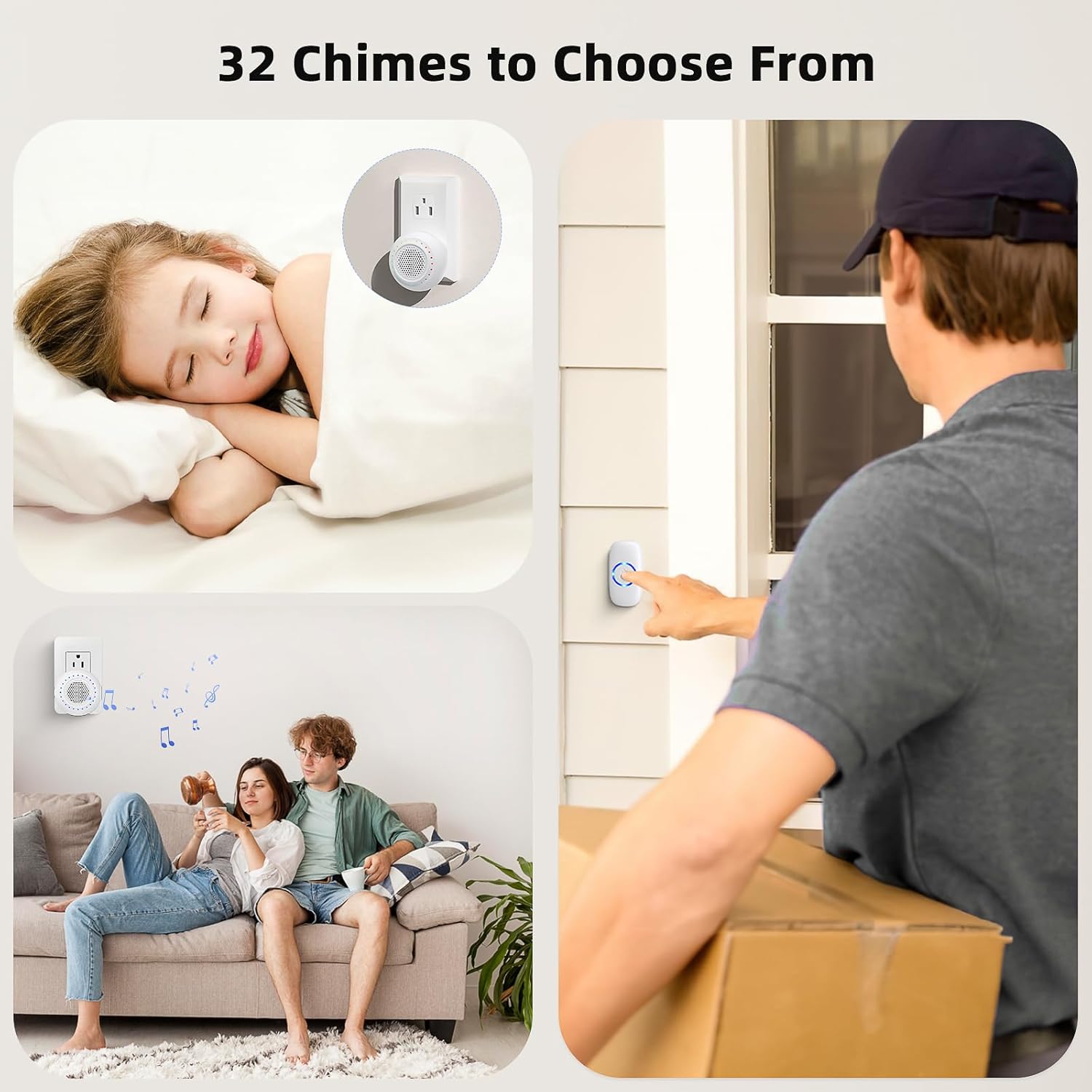 PHYSEN Wireless Doorbell Kit with 1 Transmitter 1 Receiver, 1000ft Range, 32 Ringtones, Waterproof, LED Flash, 5 Volume Levels - Door Bell for Home & Classroom