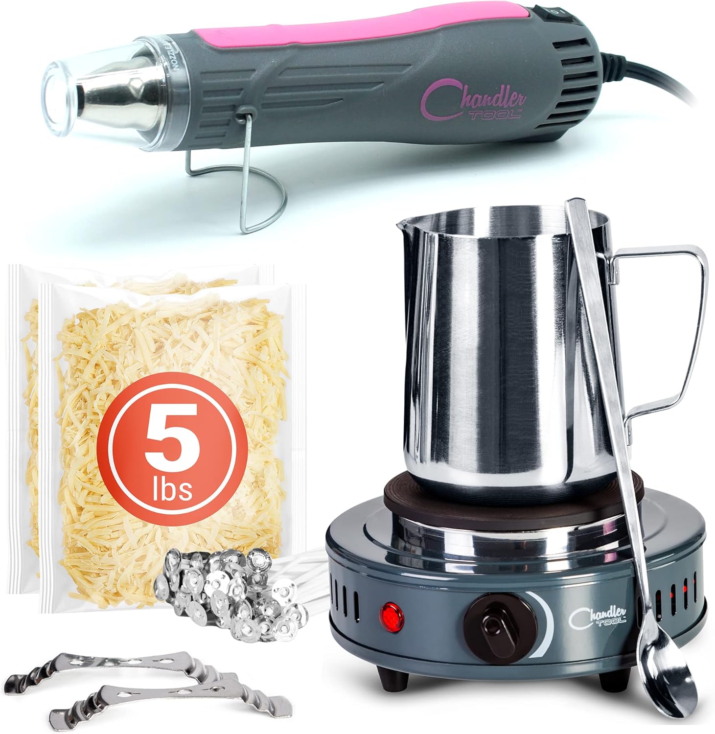 Pink Chandler Tool Candle Making Kit with 5lb Wax and Heat Gun - Complete Bundle