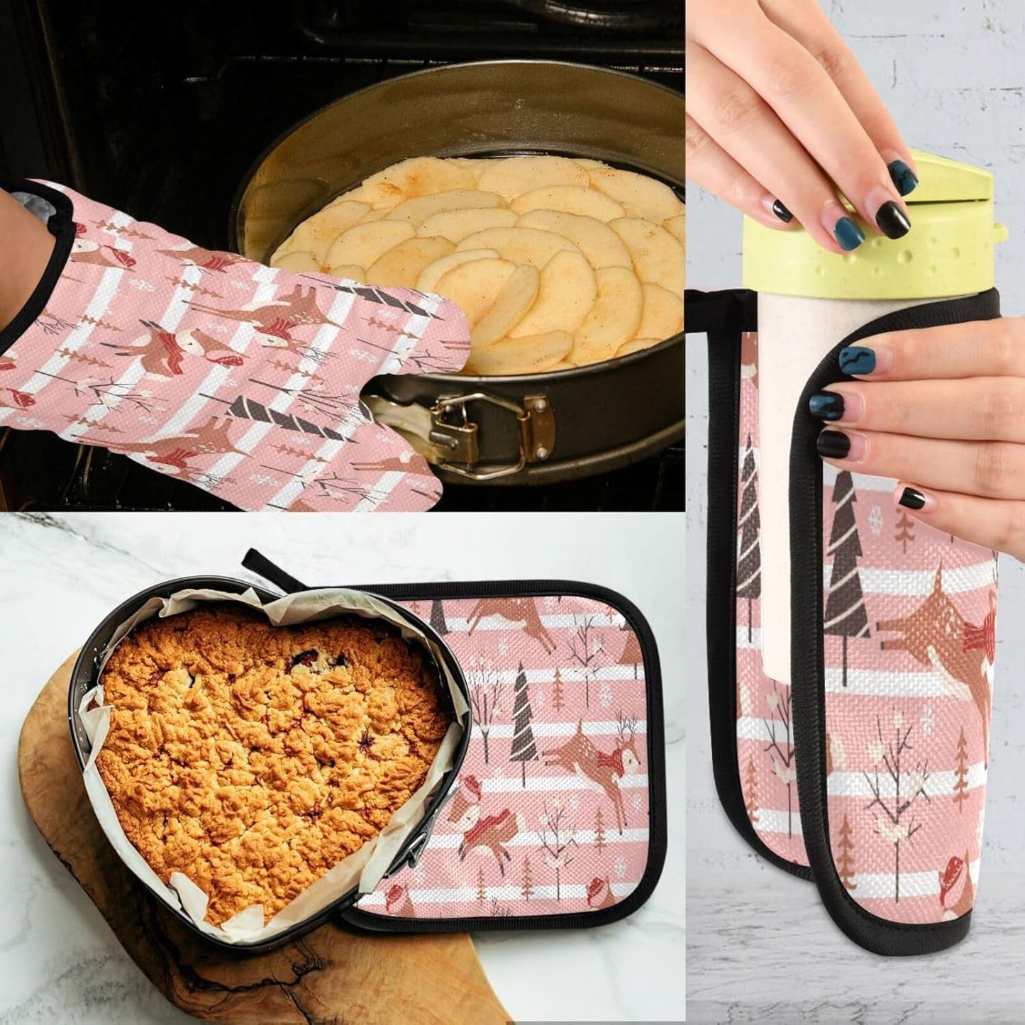 Pink Stripe Christmas Deer Trees Oven Mitts and Pot Holders Set - Heat Resistant Kitchen Gloves for Cooking, Bakeware, BBQ