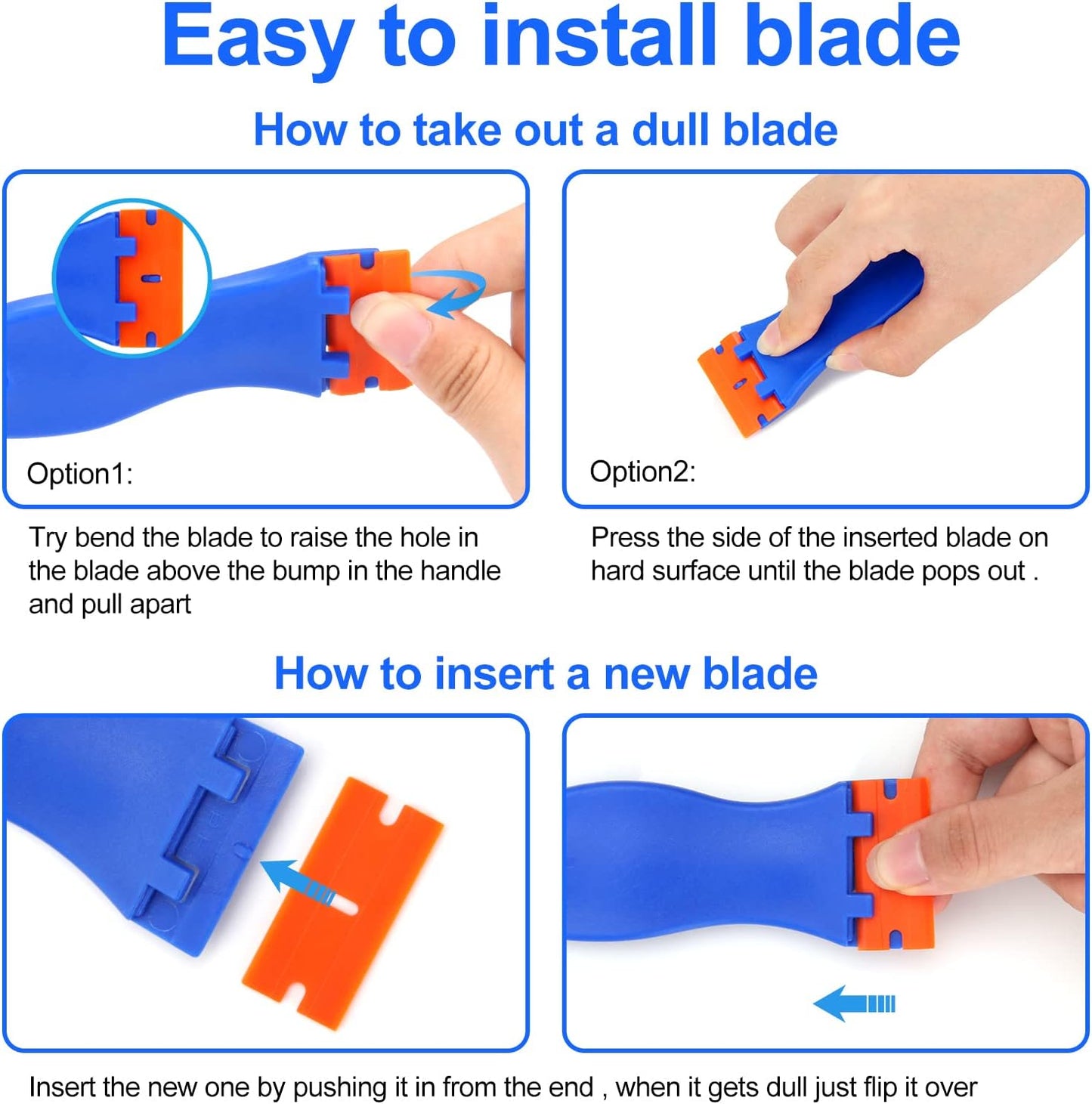 Plastic Razor Blade Scraper Set - 4 Scrapers & 100 Blades for Removing Labels, Decals, and Adhesive Residue from Car Windows and Glass