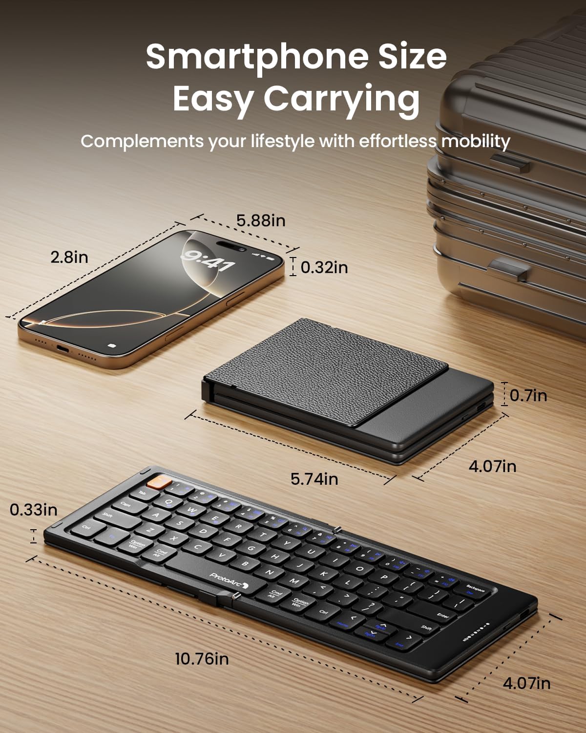 Portable Bluetooth Keyboard with Leather Cover - Foldable Compact Design for iPad, iPhone, Smartphone, Tablet, Laptop - Black