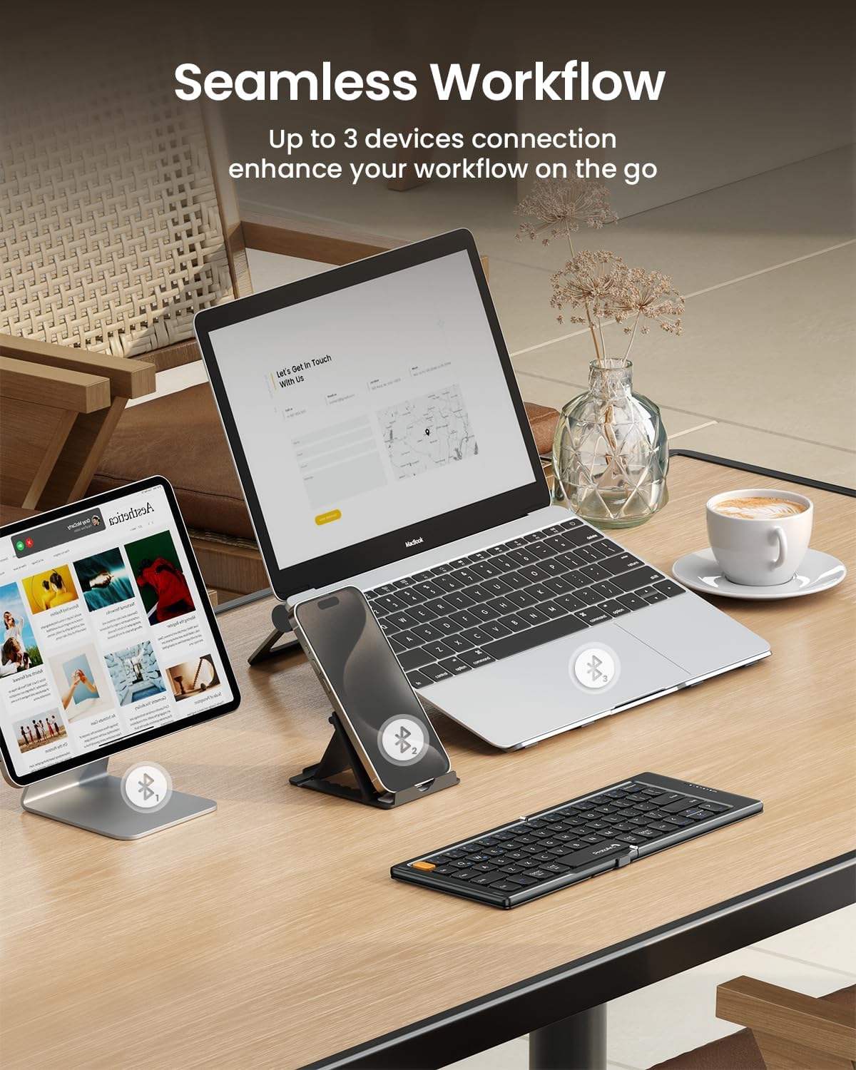 Portable Bluetooth Keyboard with Leather Cover - Foldable Compact Design for iPad, iPhone, Smartphone, Tablet, Laptop - Black