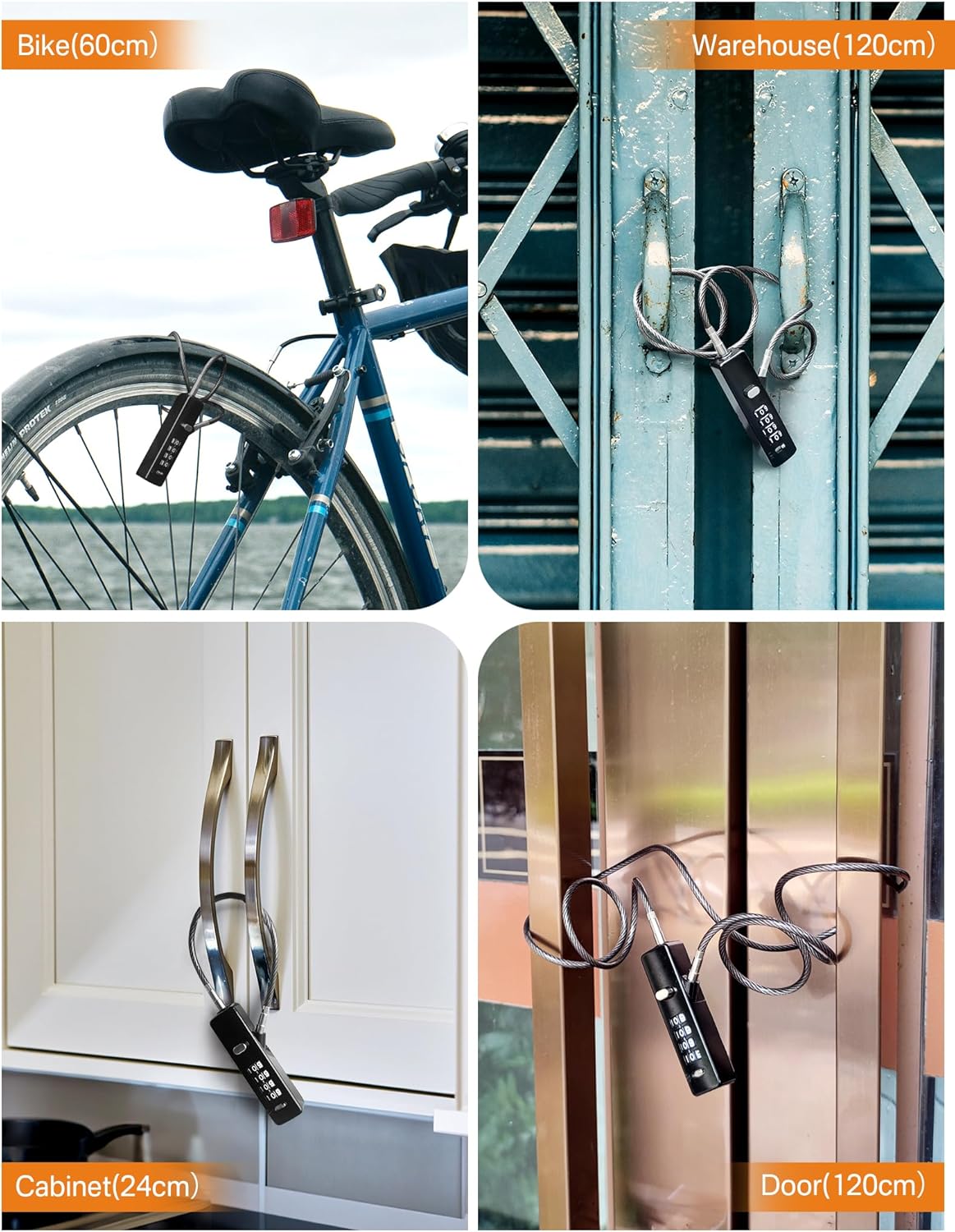 Portable Cable Lock with 3 Replaceable Steel Ropes - Small Combination Rope Lock for Cabinet, Bike, Luggage, Gate, Door, Fence - Gun-Grey, 1 Pack