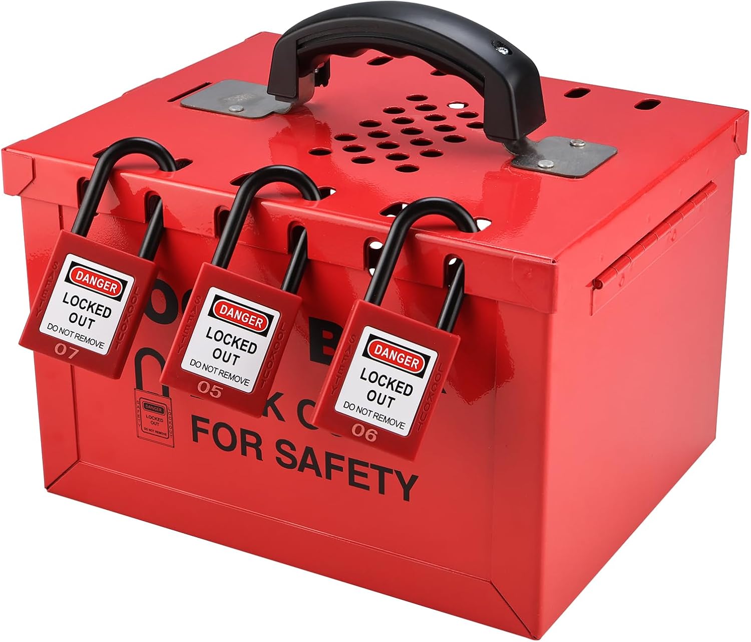 Portable Lockout Tagout Box - Large Loto Group Lock Box, Red, 12 Padlock Capacity (9-1/4 x 7-1/4 x 6 Inch) - RealPlus