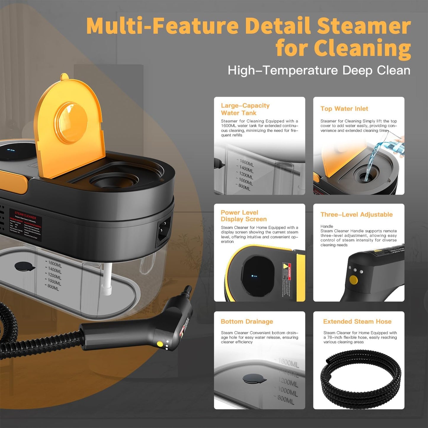 Portable Steam Cleaner with Adjustable Handle, Quick Heat-Up, 1.69 Quart Tank and 11 Accessories - Ideal for Home Cleaning of Dirt, Grease, Grout, Tile, Floor, Couch, and Car