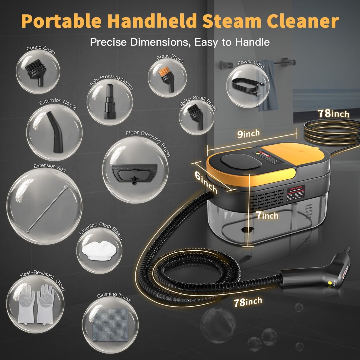 Portable Steam Cleaner with Adjustable Handle, Quick Heat-Up, 1.69 Quart Tank and 11 Accessories - Ideal for Home Cleaning of Dirt, Grease, Grout, Tile, Floor, Couch, and Car