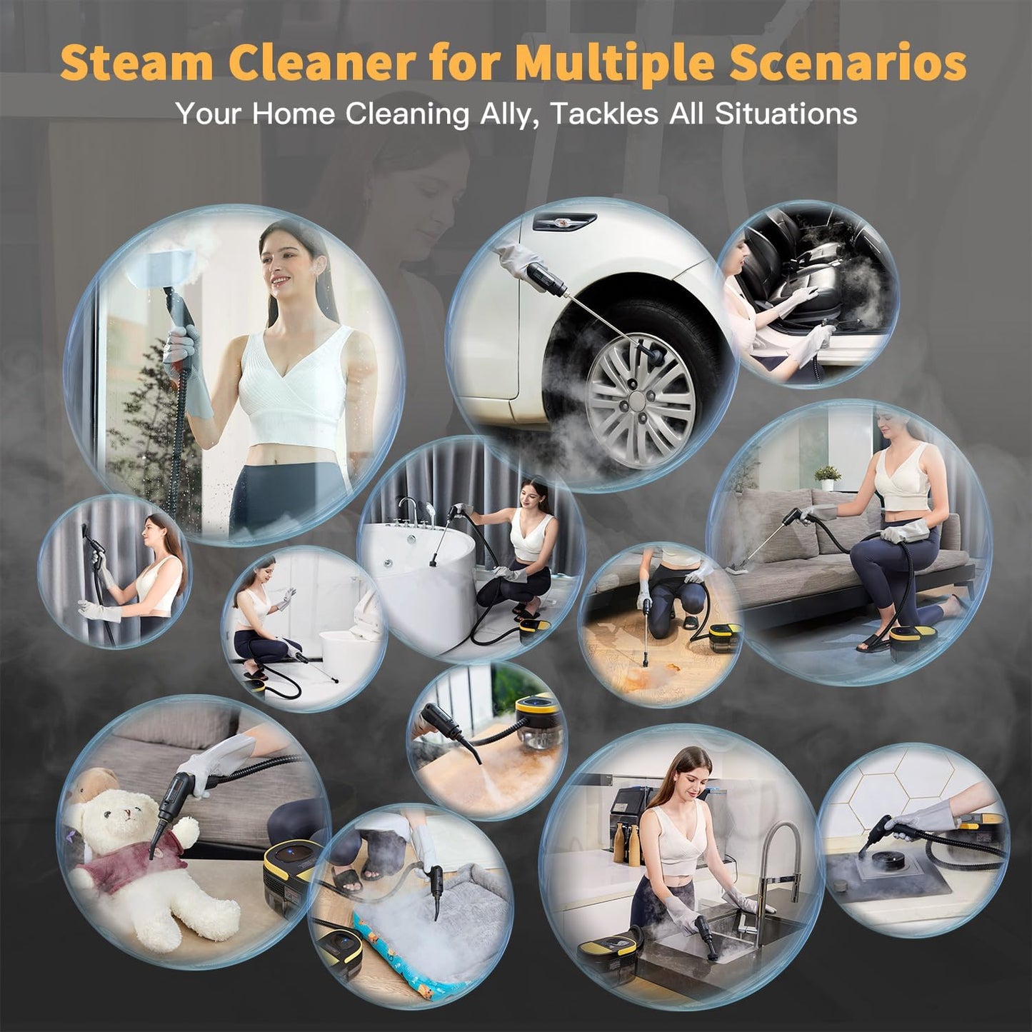 Portable Steam Cleaner with Adjustable Handle, Quick Heat-Up, 1.69 Quart Tank and 11 Accessories - Ideal for Home Cleaning of Dirt, Grease, Grout, Tile, Floor, Couch, and Car