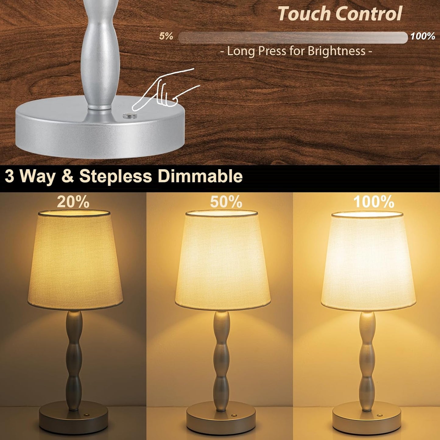 Portable Touch Table Lamp with Rechargeable Battery - 3-Level Brightness for Bedroom, Restaurant, Bars, Outdoor - Silver