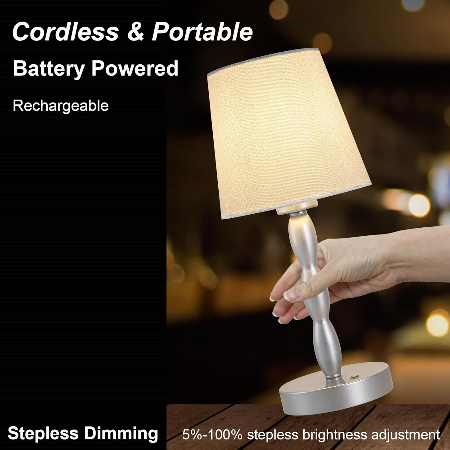 Portable Touch Table Lamp with Rechargeable Battery - 3-Level Brightness for Bedroom, Restaurant, Bars, Outdoor - Silver