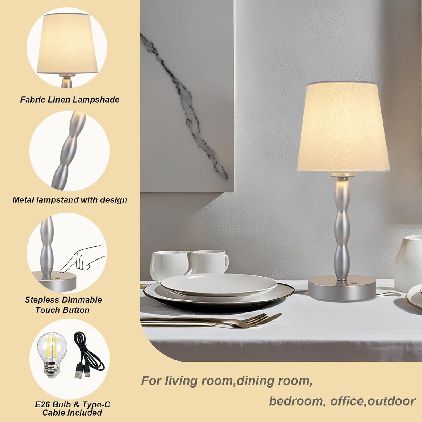 Portable Touch Table Lamp with Rechargeable Battery - 3-Level Brightness for Bedroom, Restaurant, Bars, Outdoor - Silver
