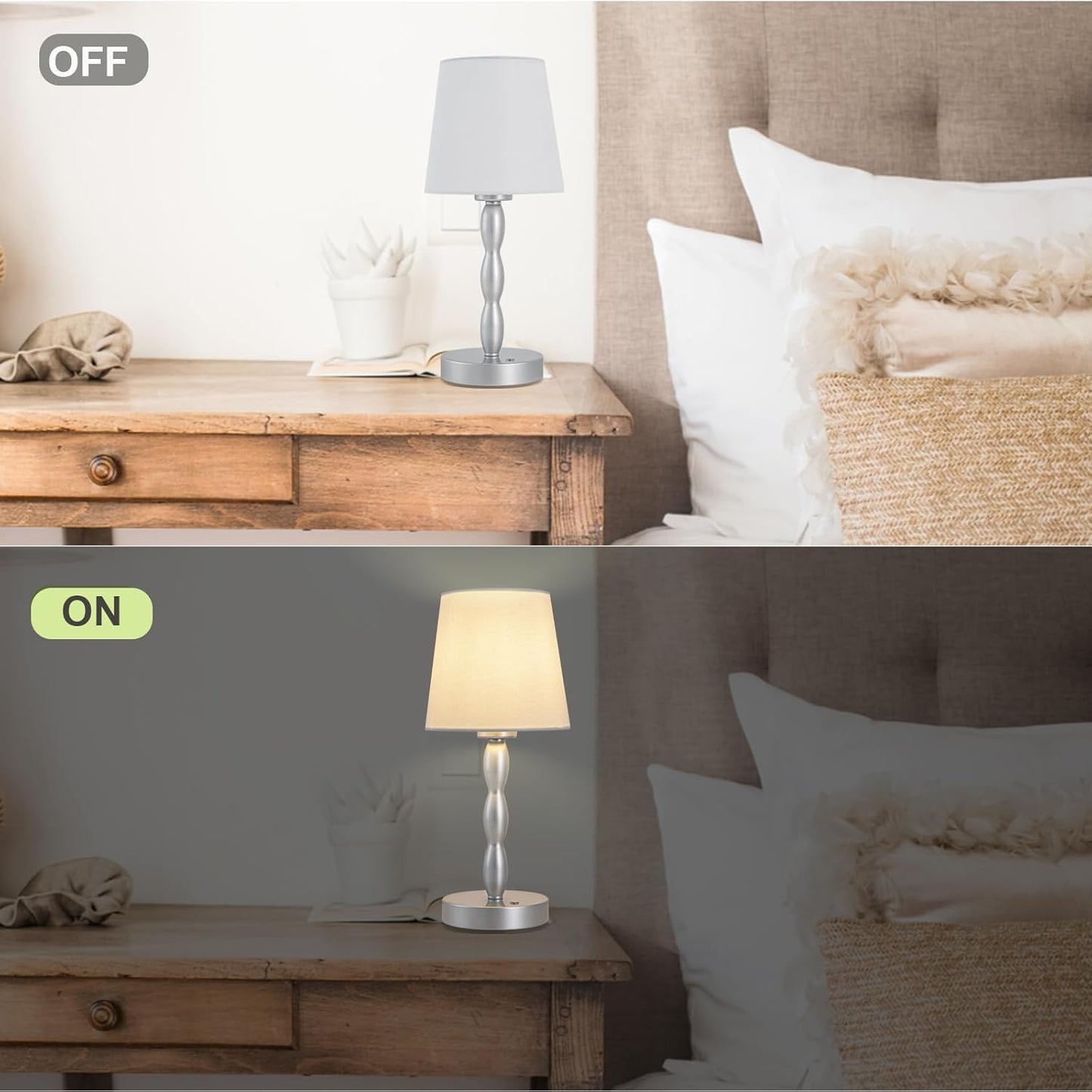 Portable Touch Table Lamp with Rechargeable Battery - 3-Level Brightness for Bedroom, Restaurant, Bars, Outdoor - Silver