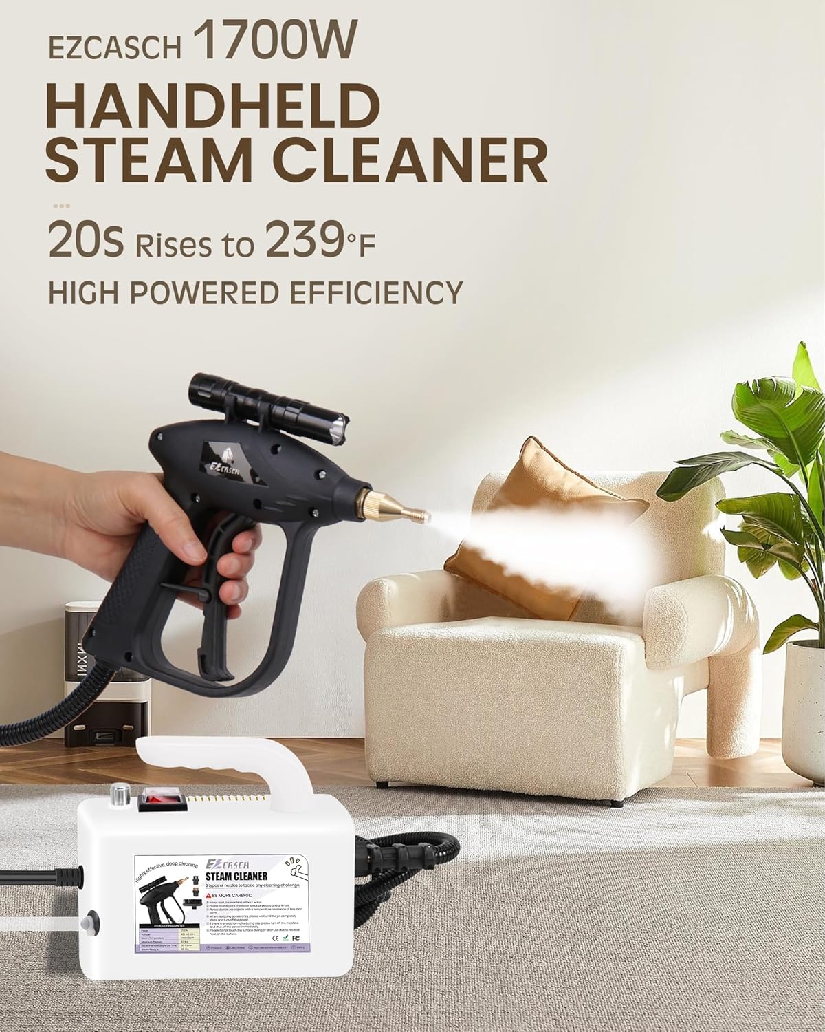 Powerful 1700W Handheld Steam Cleaner - Deep Clean Dirt and Grease at 239°F - Includes 3 Nozzle Brushes and 5L Water Bag - Ideal for Home and Car Cleaning