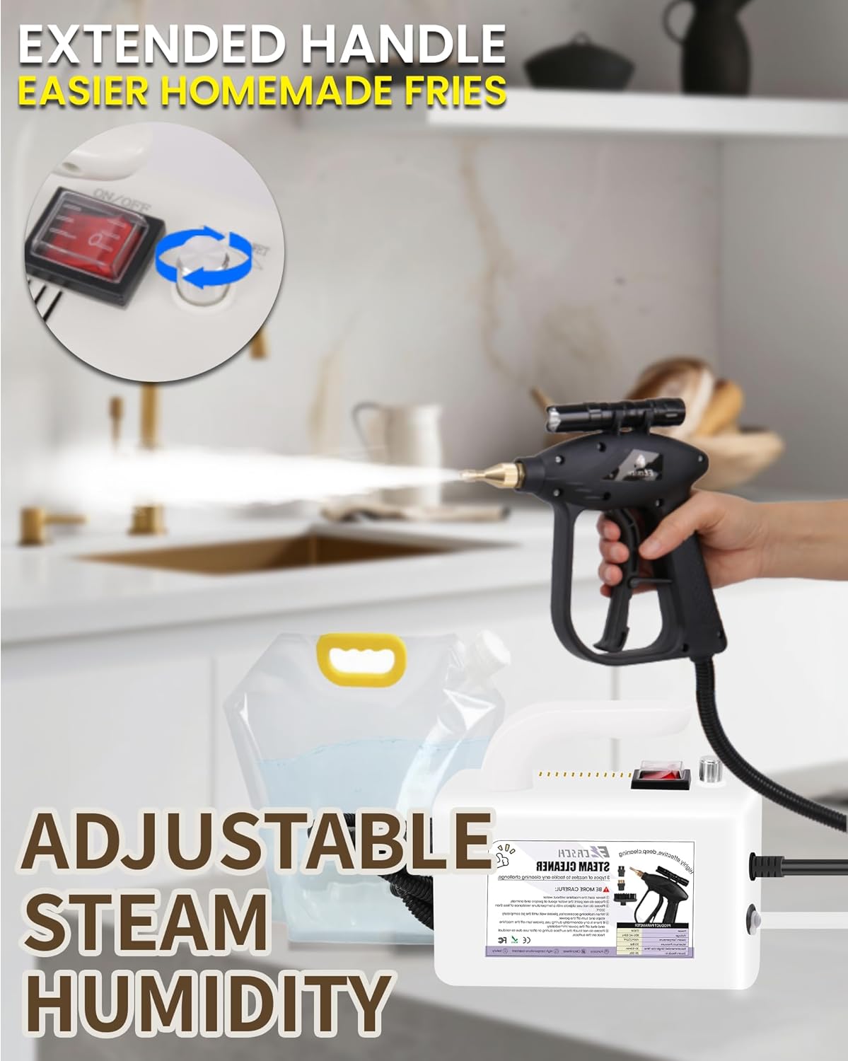 Powerful 1700W Handheld Steam Cleaner - Deep Clean Dirt and Grease at 239°F - Includes 3 Nozzle Brushes and 5L Water Bag - Ideal for Home and Car Cleaning
