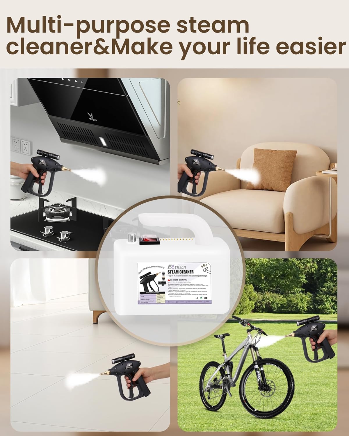 Powerful 1700W Handheld Steam Cleaner - Deep Clean Dirt and Grease at 239°F - Includes 3 Nozzle Brushes and 5L Water Bag - Ideal for Home and Car Cleaning