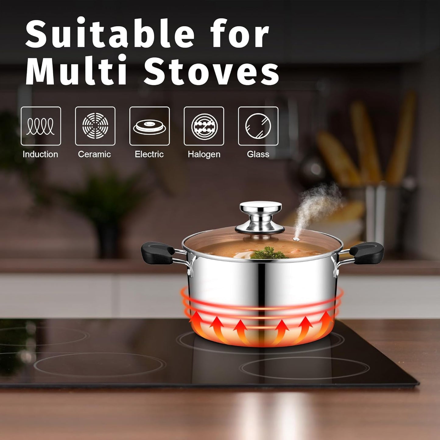 P&P CHEF 5 Qt Stainless Steel Stock Pot with Lid, 3-Ply Construction for Pasta & Soup, Compatible with Multi Stoves, Heat-proof Handle & Clear Lid, Heavy Duty & Dishwasher Safe