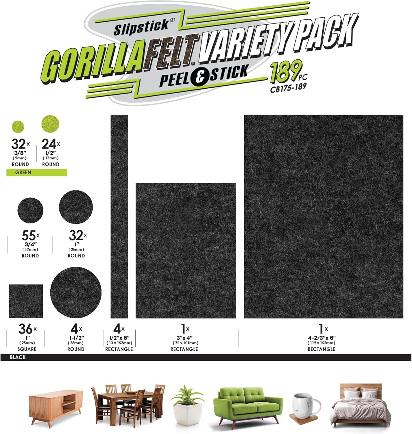 Premium Slipstick Gorilla Felt Furniture Pads - 189 Piece Variety Pack for Hardwood Floors & Surfaces