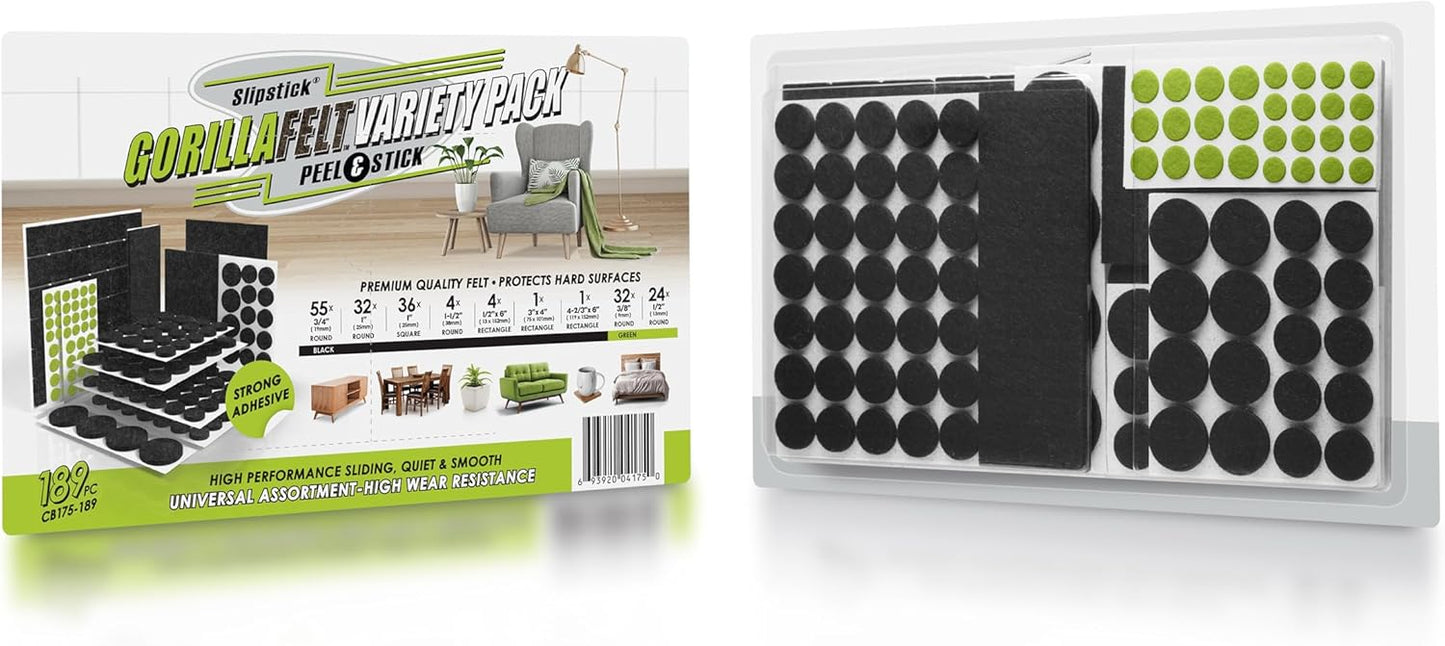 Premium Slipstick Gorilla Felt Furniture Pads - 189 Piece Variety Pack for Hardwood Floors & Surfaces