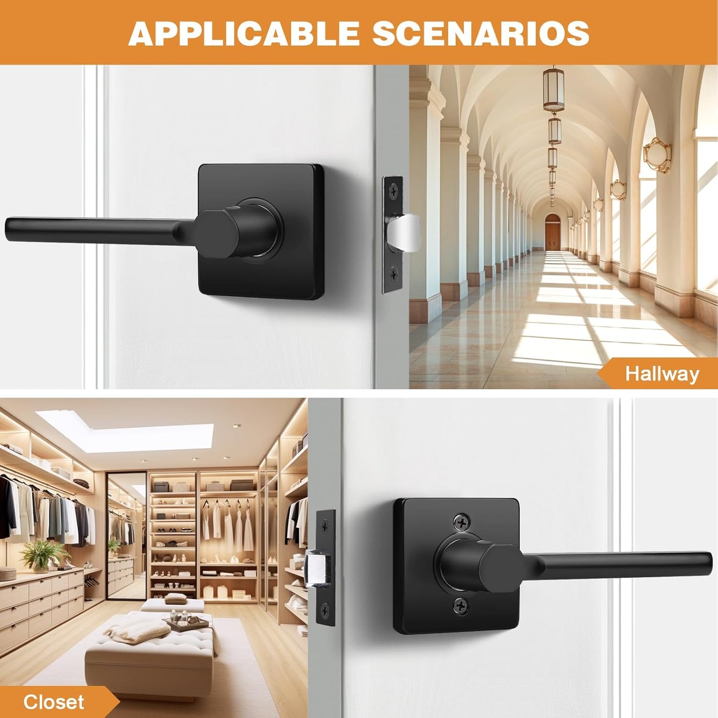 Probrico Square Black Passage Door Handle Keyless Lever Lock Set for Interior Closet Doors - 6 Pack