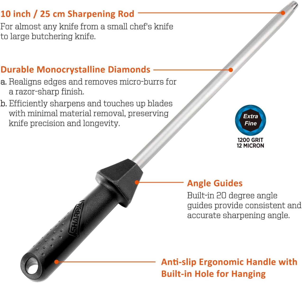 Professional Diamond Sharpening Steel Rod with Angle Guides for Chef and Kitchen Knives - SHARPAL 119N