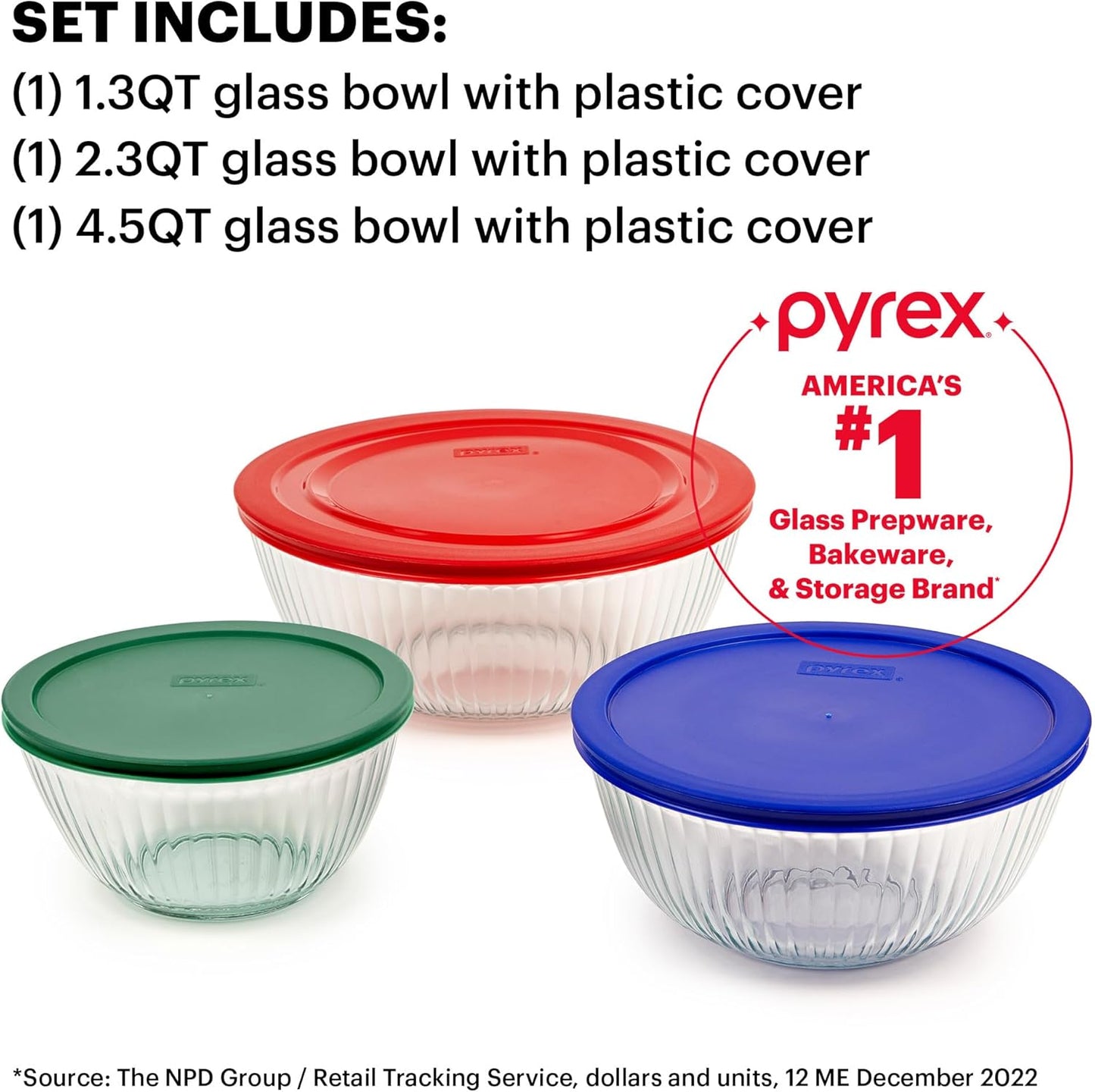 Pyrex 3-Pack Glass Mixing Bowls Set with Lids - BPA-Free, Prepping & Baking Food Storage - Dishwasher, Microwave, Freezer Safe