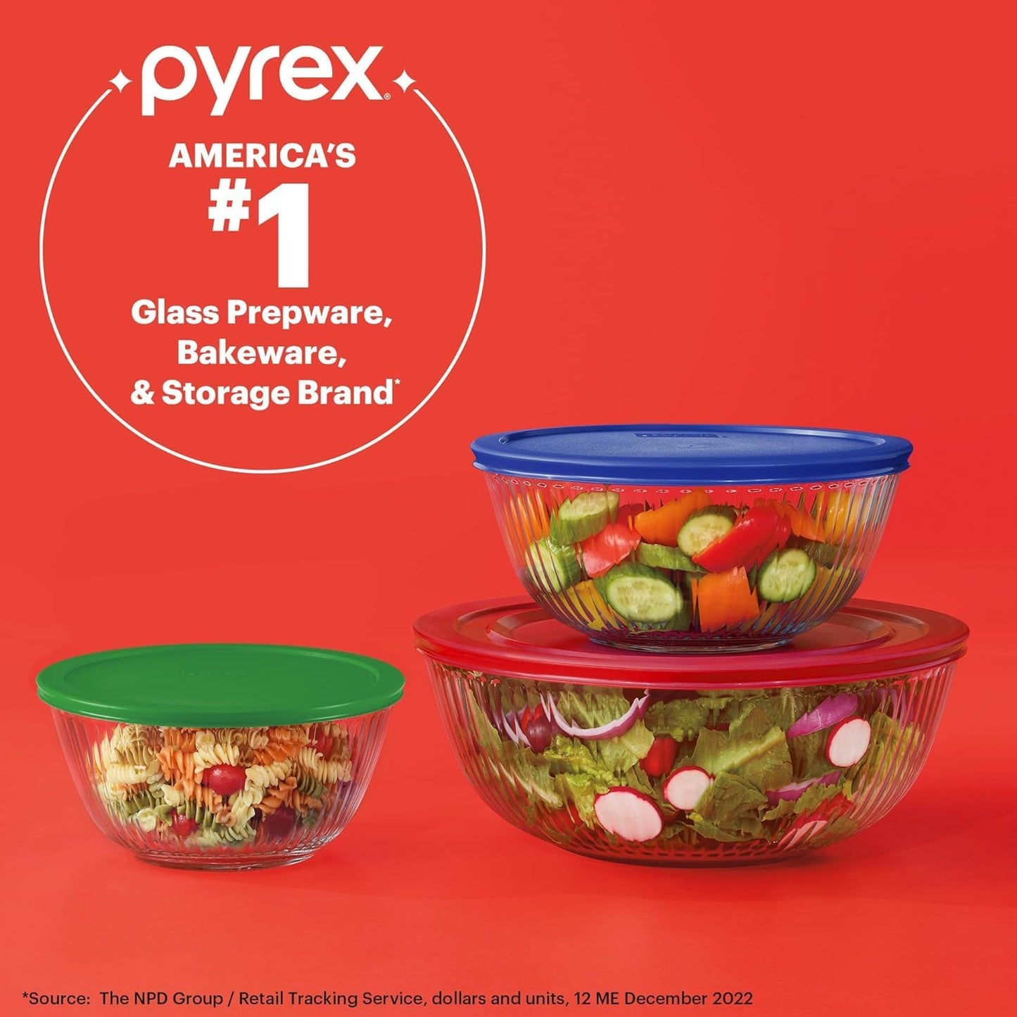 Pyrex 3-Pack Glass Mixing Bowls Set with Lids - BPA-Free, Prepping & Baking Food Storage - Dishwasher, Microwave, Freezer Safe