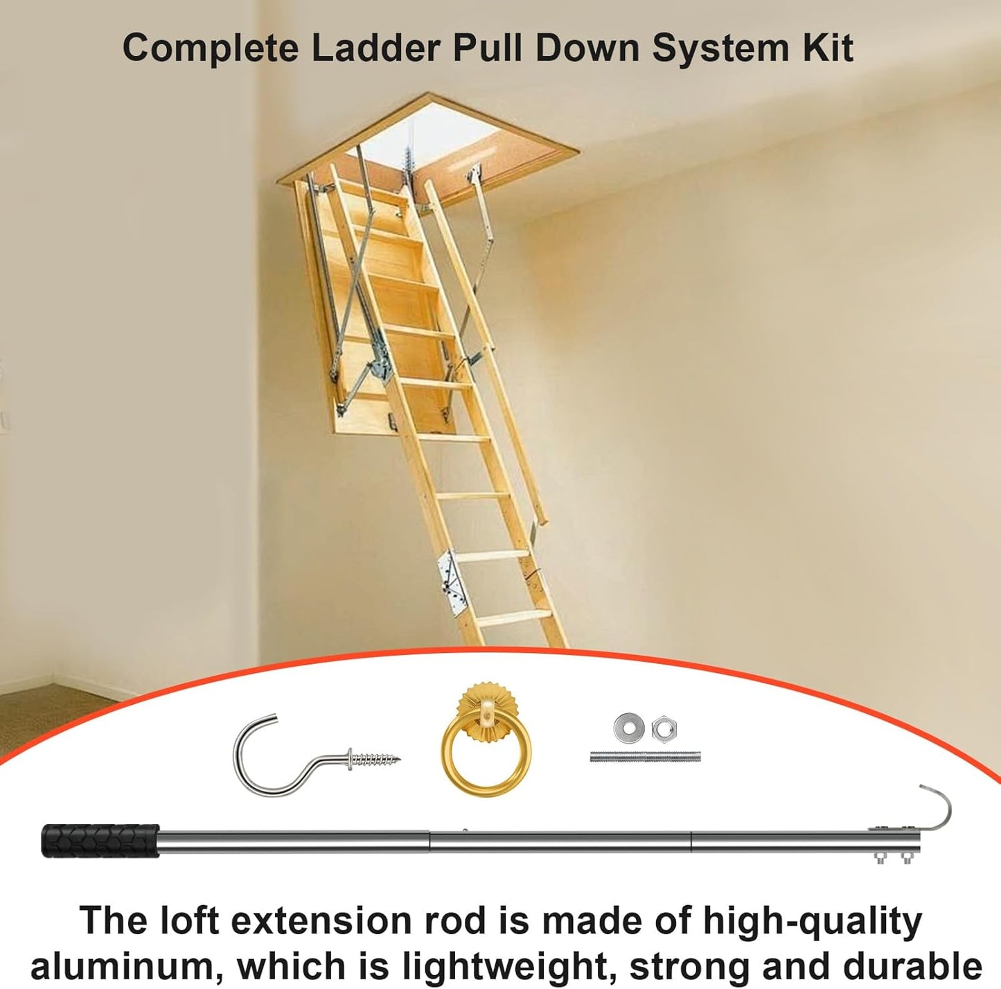 QIANXIHAORQ Complete Attic Ladder Pull Down System Kit with Extension Rod and Storage Hook