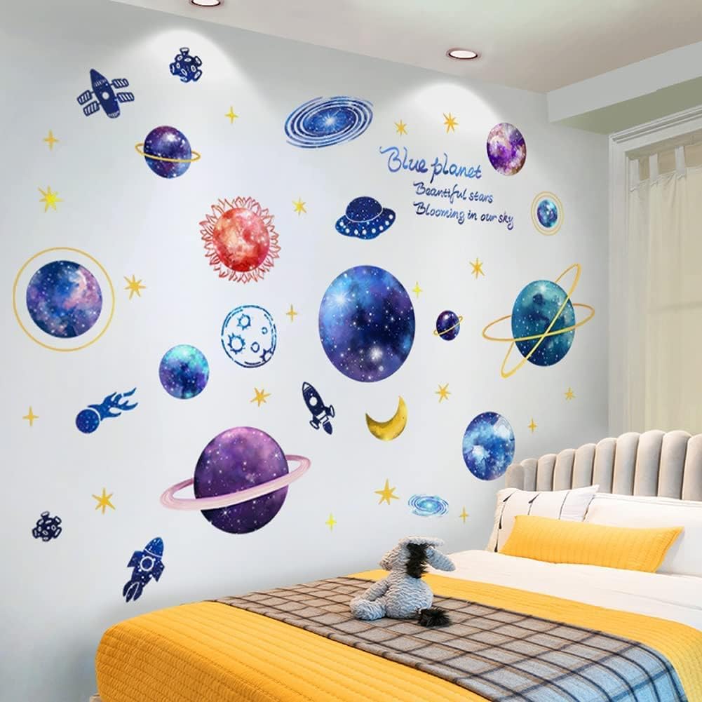 Quanhaigou Blue Purple Galaxy Wall Decals - Removable 3D Milky Way Cosmic Stars Spacecraft Dreamscape Home Decor for Bedroom, Living Room, Kids Room
