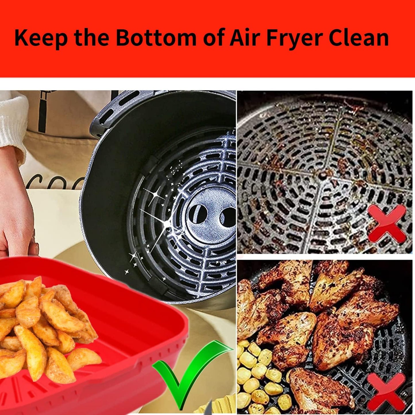 Red Silicone Liners for 5-7 QT Air Fryers - Non-Stick Square Basket Pot - 8.5 Inch Foldable Oven Accessories