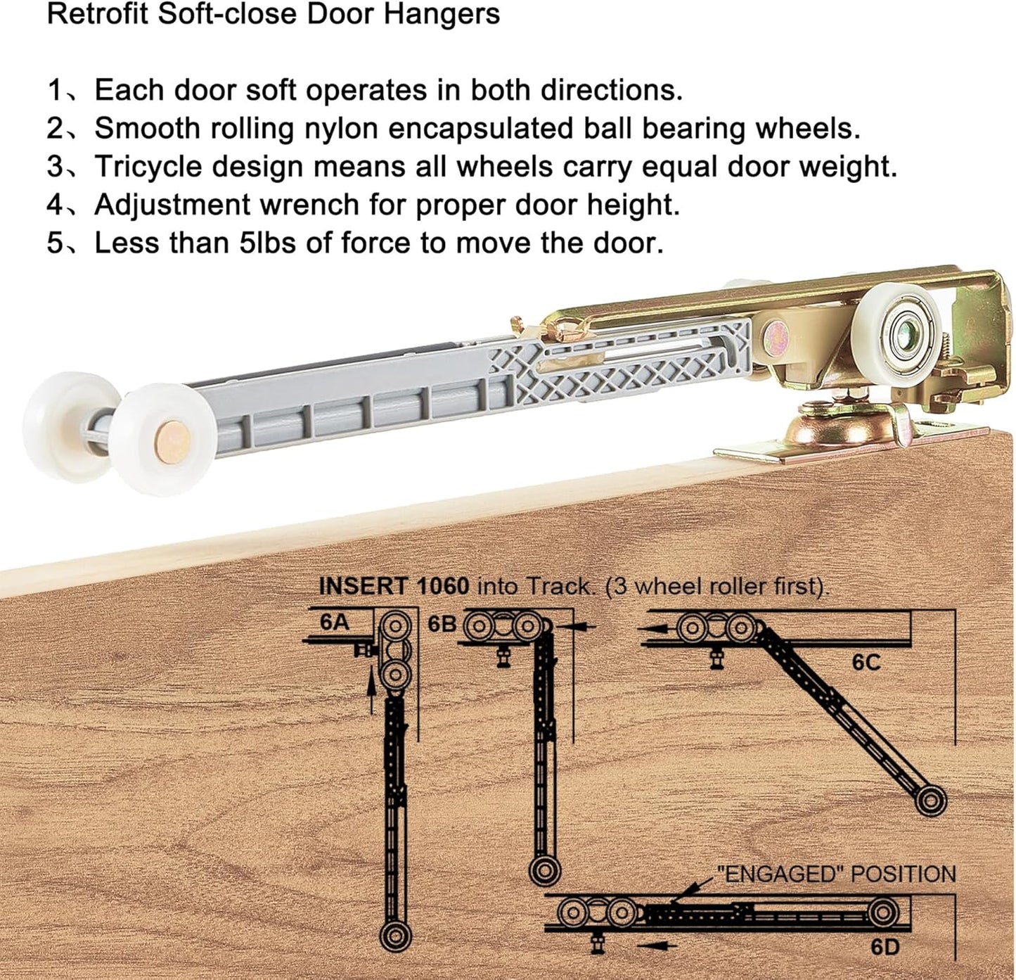 ReigaHood 2 Set Soft Close Pocket Door Hanger Assemblies for Johnson P/N #1060 & #1062 - Compatible with 100, 134F, 138F, 2610F Series Track - 1" Nylon Ball Bearing Tri-Wheel - WildKart