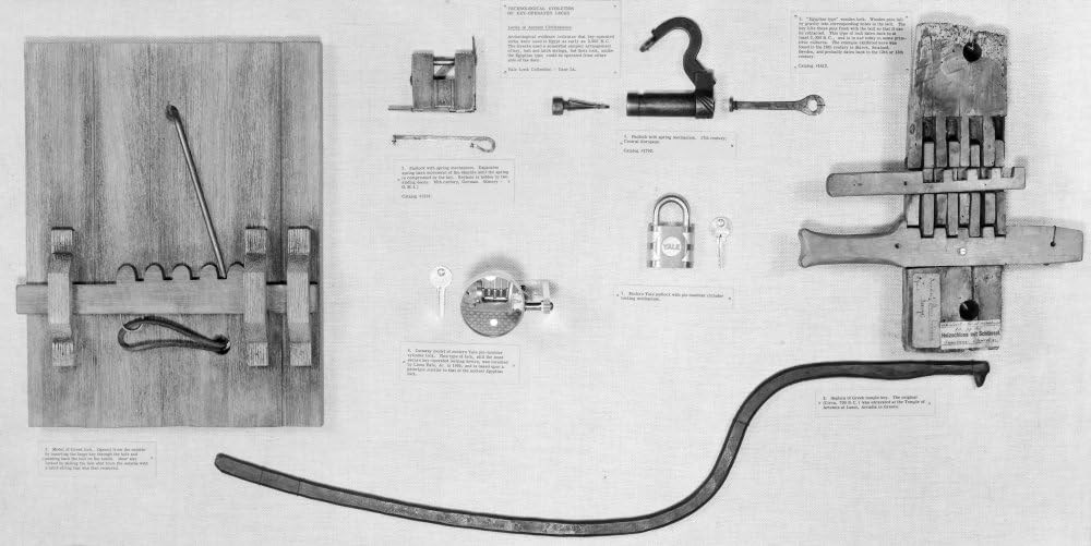 Replicas of Ancient Egyptian and Greek Locks with Wooden Scale and Modern Padlock Poster