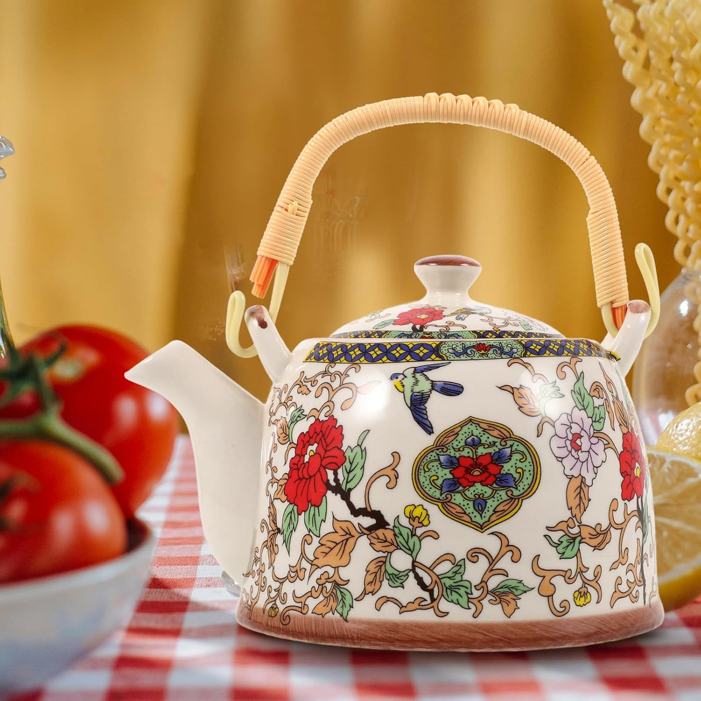 Retro Ceramic Kungfu Teapot with Floral Enamel Design for Stove Top and Induction Cooking - Vintage Loose Tea Kettle