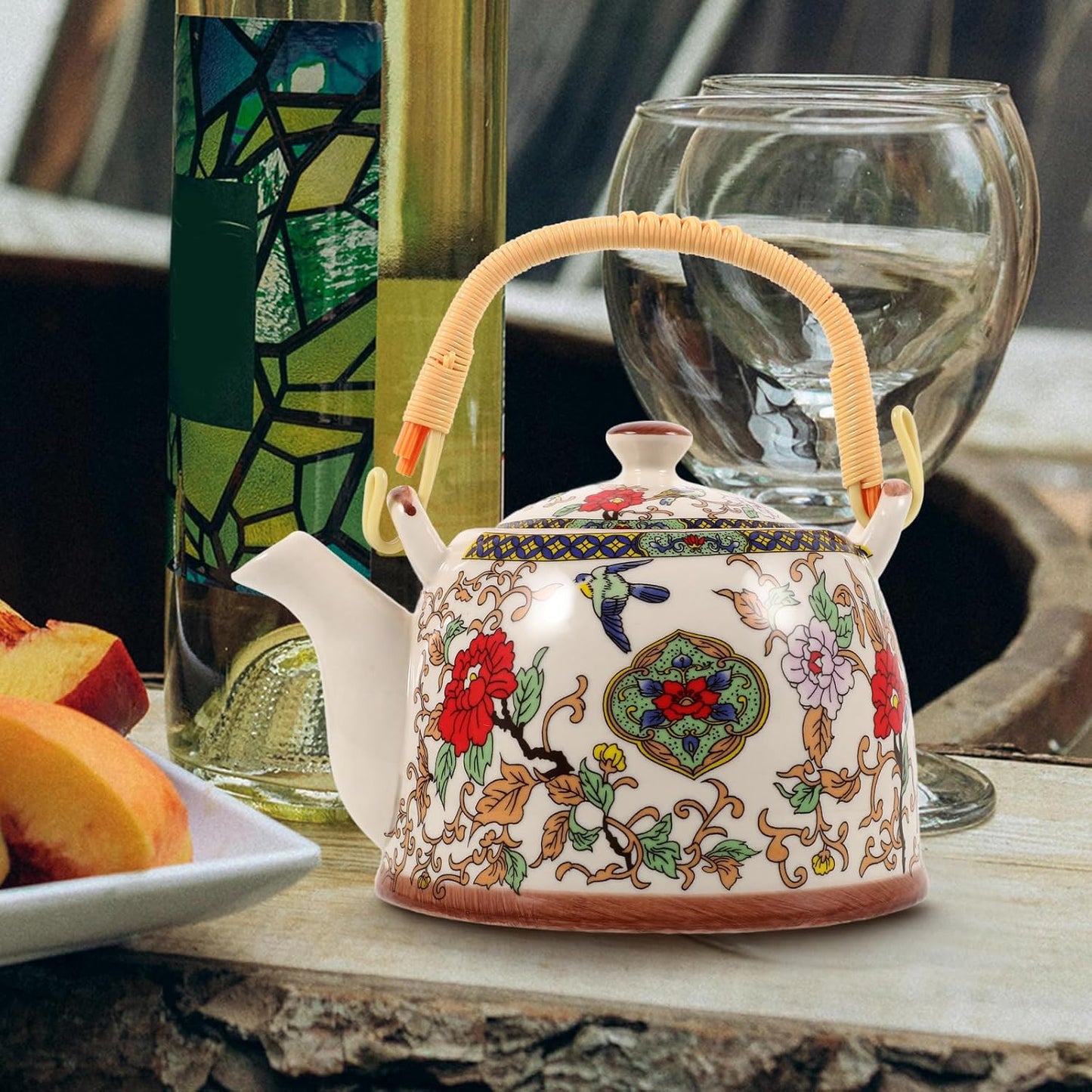 Retro Ceramic Kungfu Teapot with Floral Enamel Design for Stove Top and Induction Cooking - Vintage Loose Tea Kettle