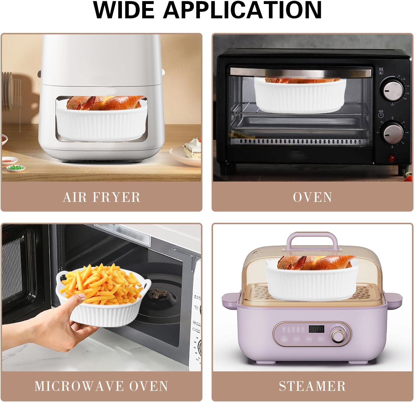 Reusable Ceramic Air Fryer Bowl Liners for Easy Cleaning - White, Top 8in, Height 3.7in - Air Fryer Accessories